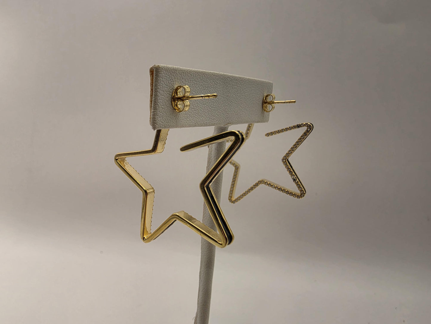 Gold Plated Sterling Silver CZ Star Hoop Earrings 38mm Open Star Shape Iced Out 925 Womens 8.5g