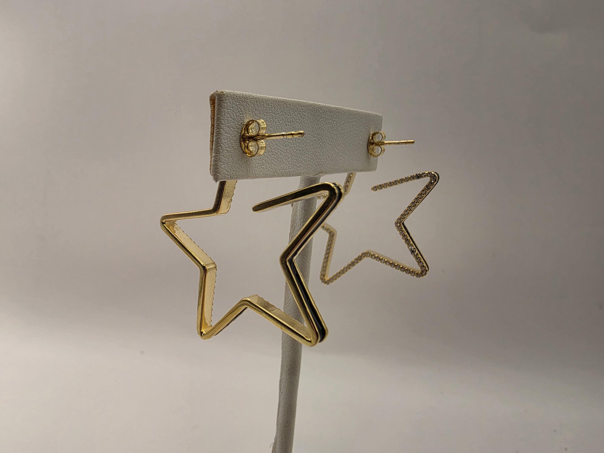 Gold Plated Sterling Silver CZ Star Hoop Earrings 38mm Open Star Shape Iced Out 925 Womens 8.5g