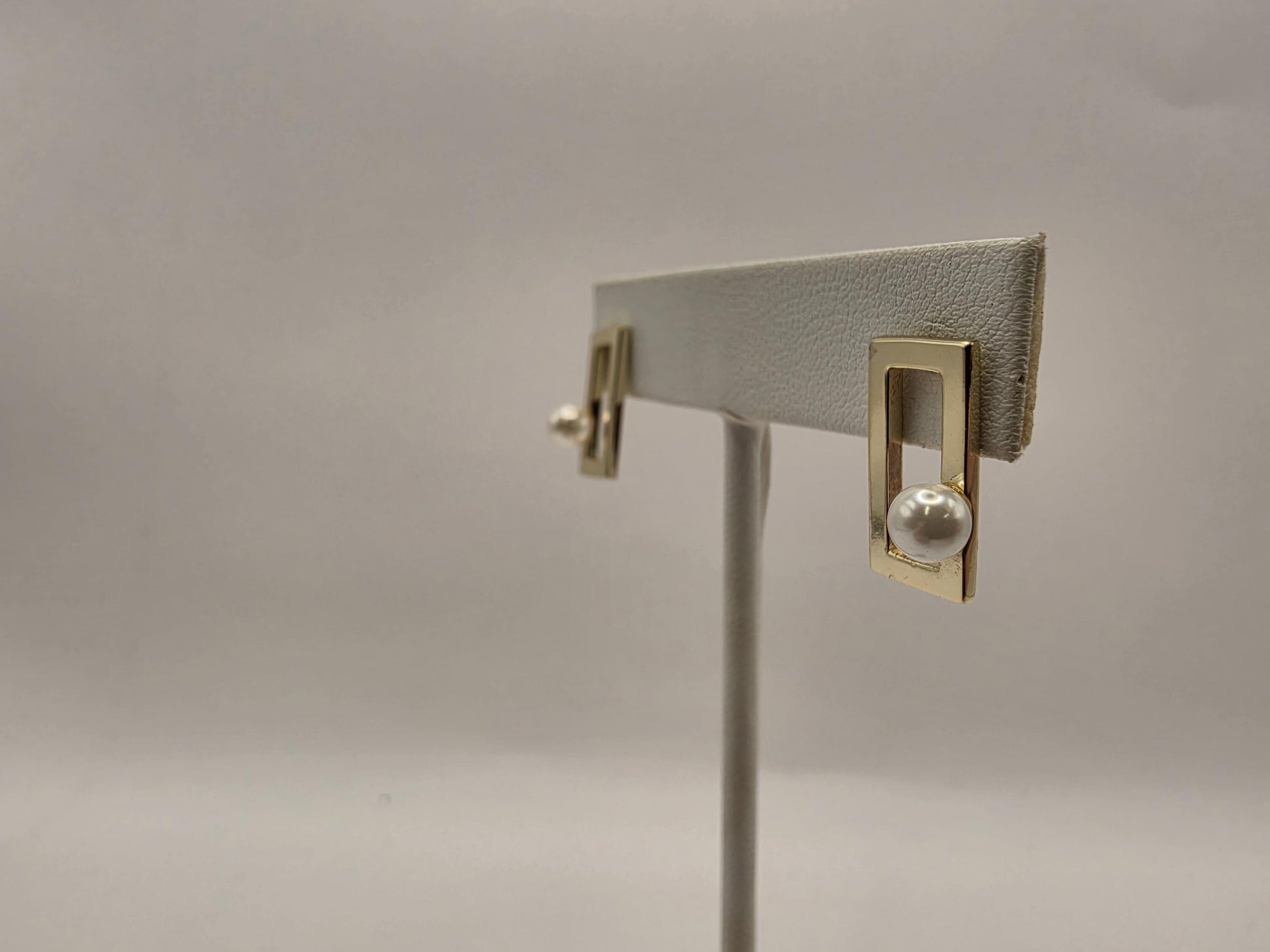 Gold Plated Sterling Silver Open Rectangle Pearl Stud Earrings 19mm x 6mm Modern Geometric 925 Womens 3.5g