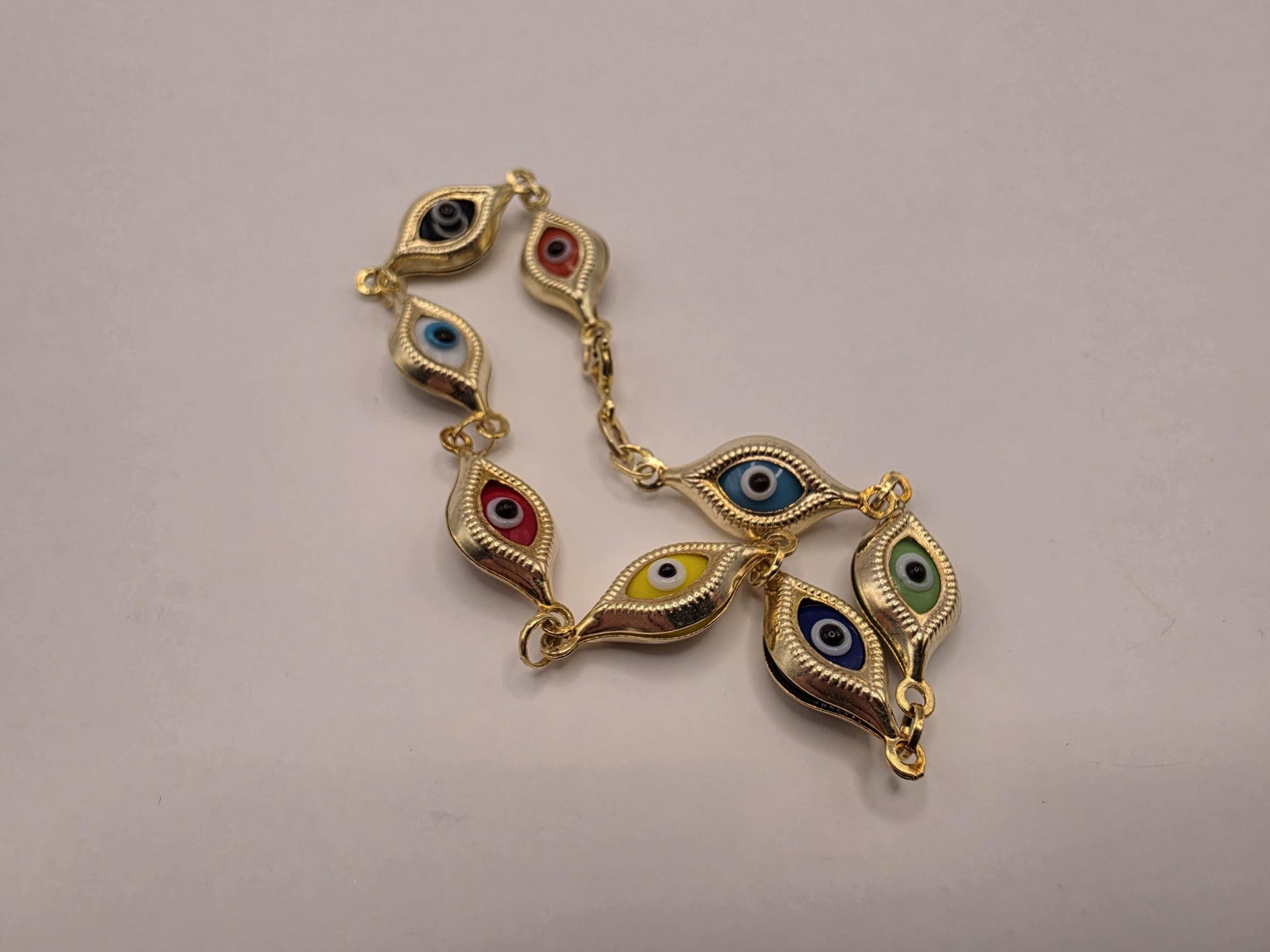 Gold Plated Multi-Color Evil Eye Bracelet | 7.5 Inch Large Oval Enamel Eye Link Chain | Boho Protection Bracelet