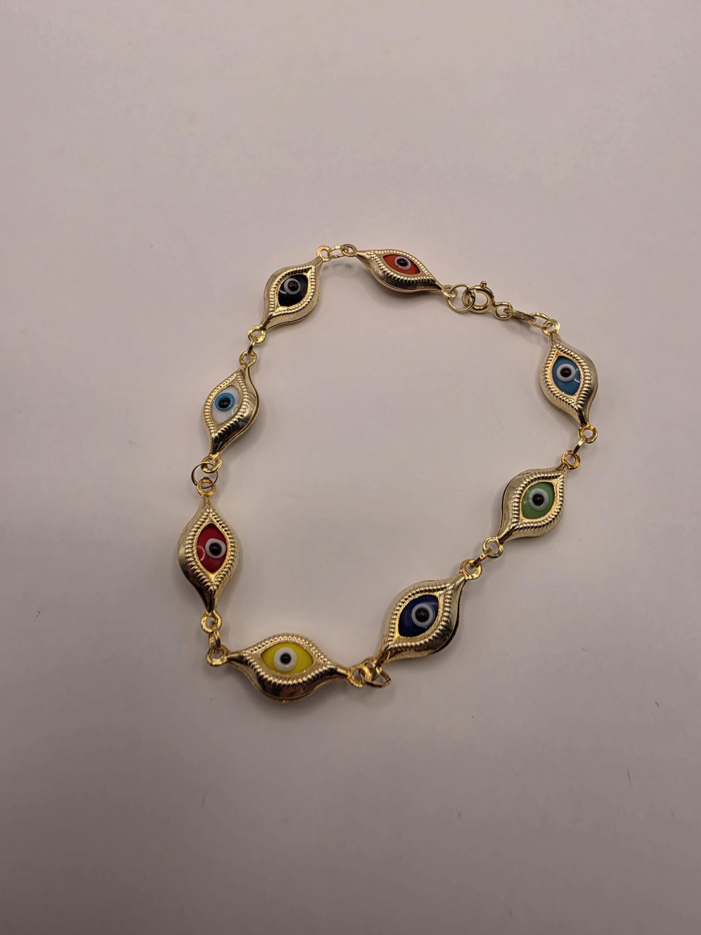 Gold Plated Multi-Color Evil Eye Bracelet | 7.5 Inch Large Oval Enamel Eye Link Chain | Boho Protection Bracelet