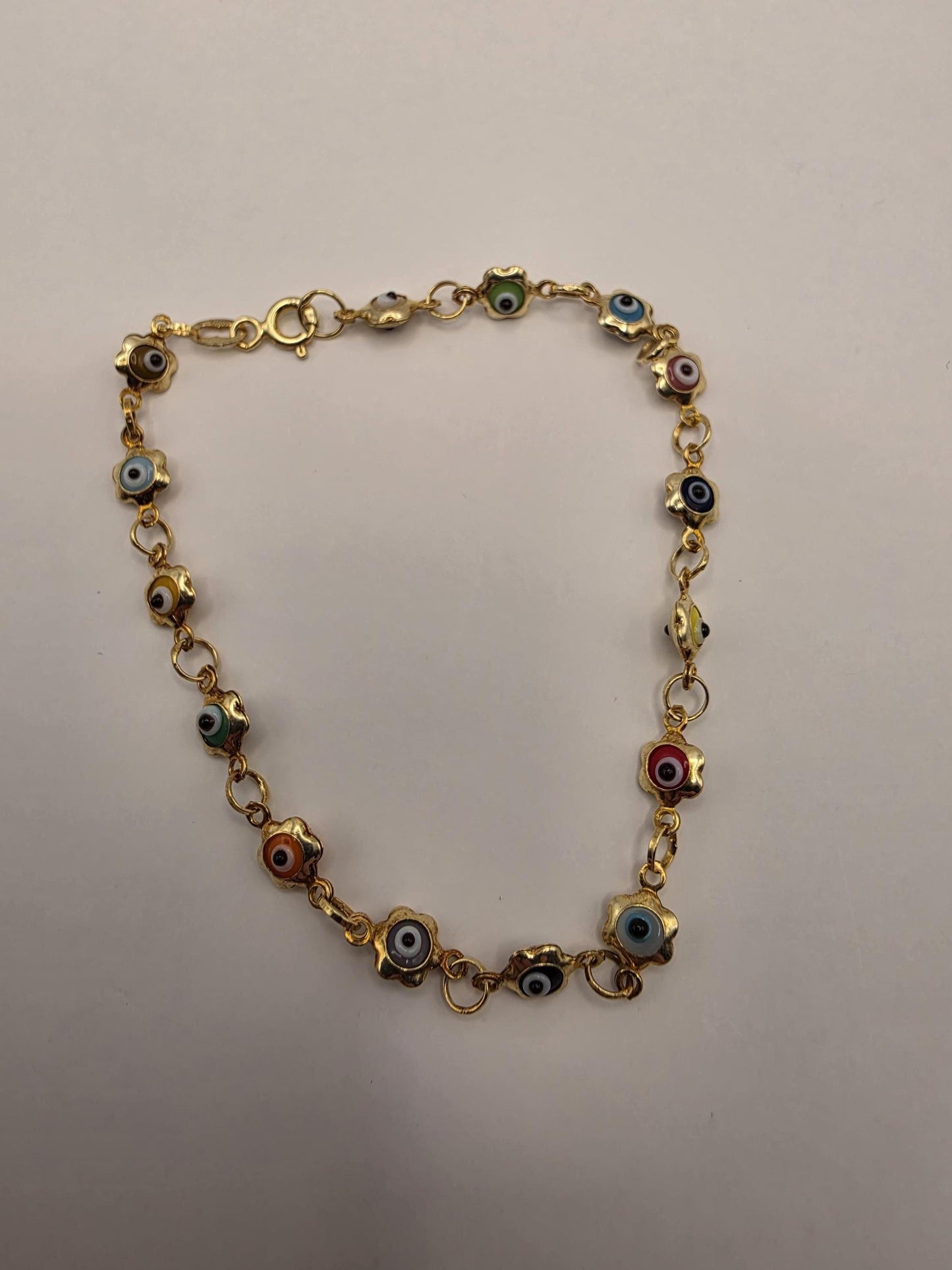 Gold Plated Multi-Color Evil Eye Flower Chain Bracelet | 7.5 Inch Dainty Enamel Charm Bracelet | Boho Protection Bracelet