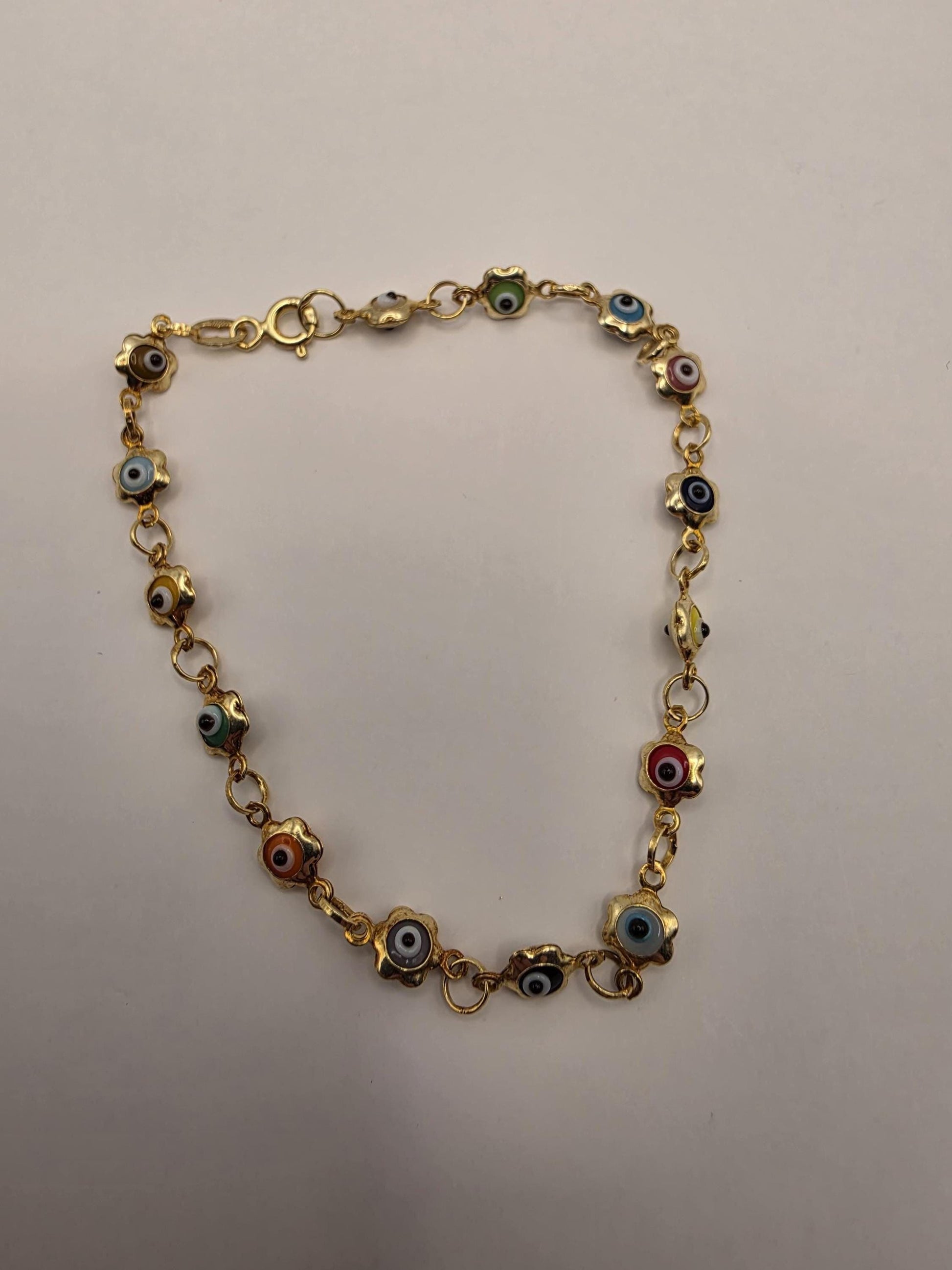 Gold Plated Multi-Color Evil Eye Flower Chain Bracelet | 7.5 Inch Dainty Enamel Charm Bracelet | Boho Protection Bracelet
