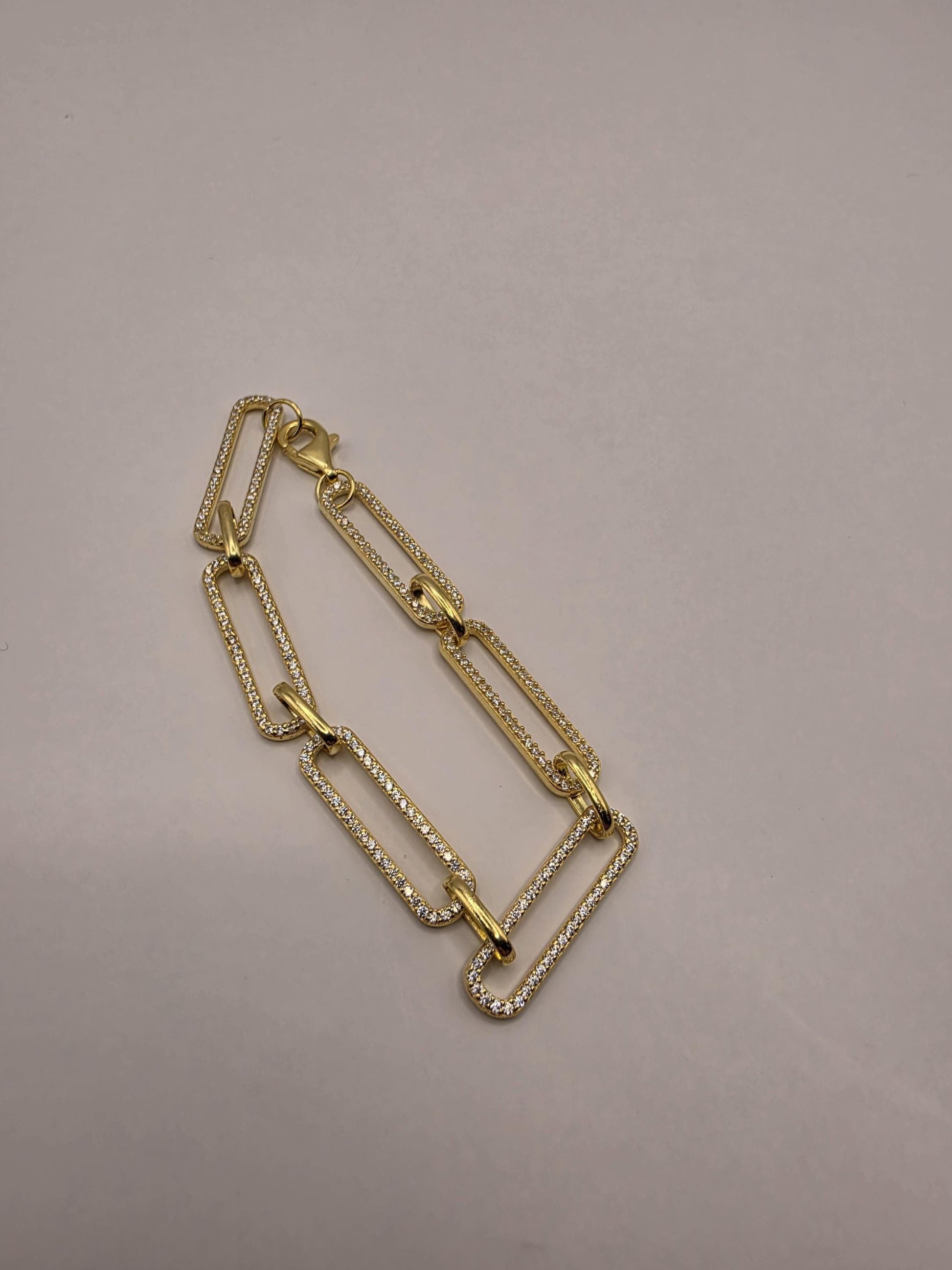 Gold Plated CZ Paperclip Link Bracelet | 7.25 Inch Pavé Crystal Rectangle Chain | Dainty Statement Bracelet