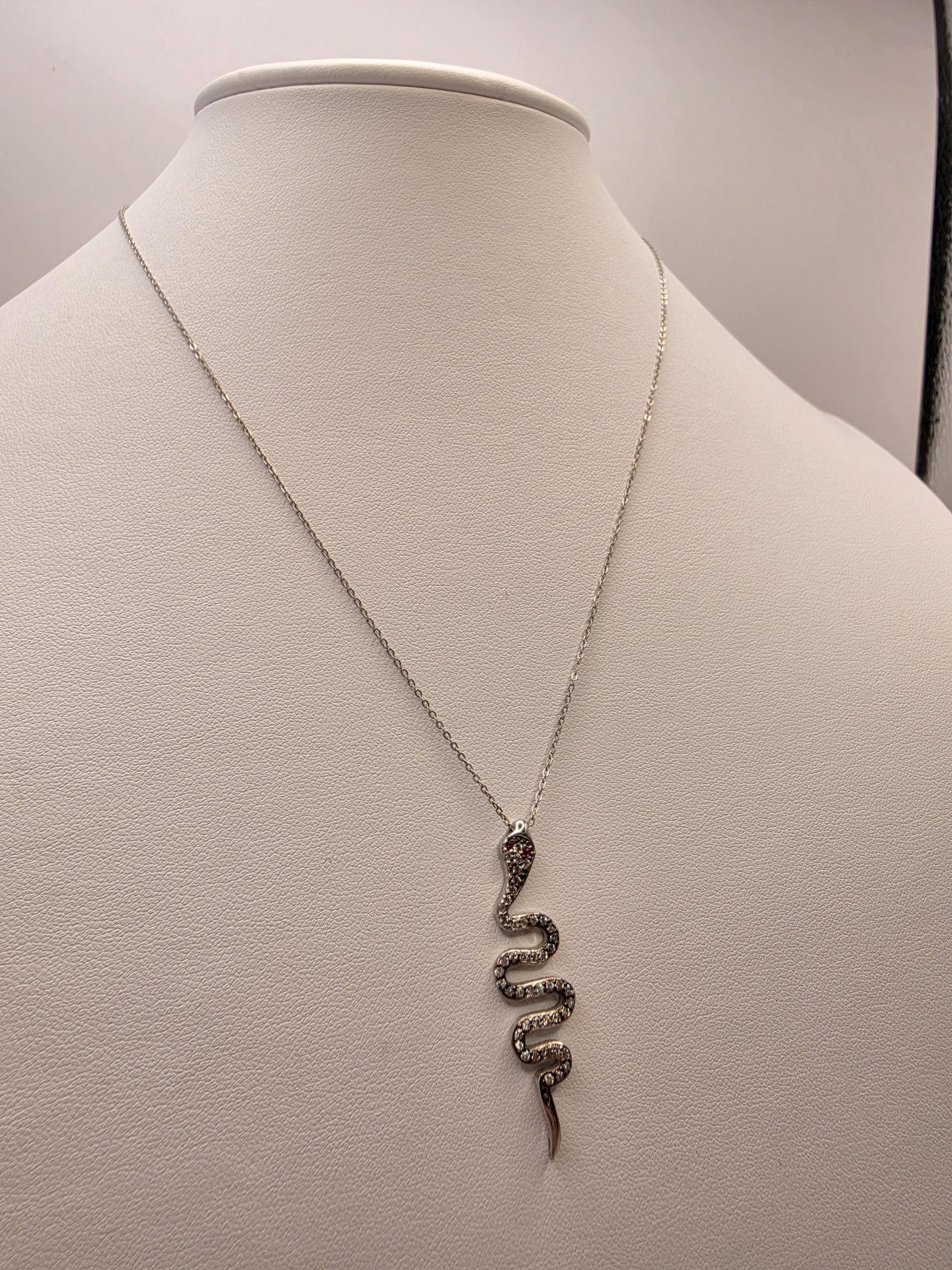 Sterling Silver CZ Snake Pendant Necklace | 925 Silver | 17 Inch