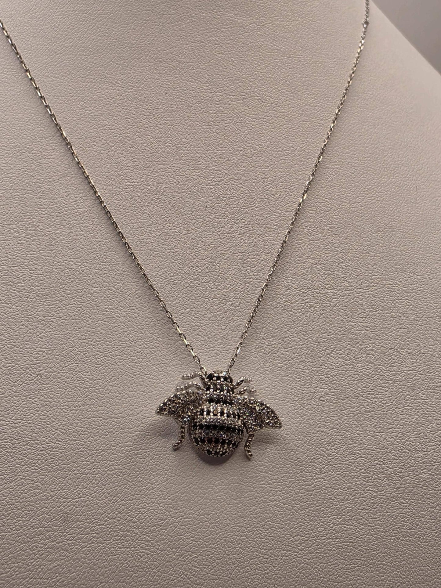 Sterling Silver Bumblebee Pendant Necklace | 925 Silver CZ | 17 Inch