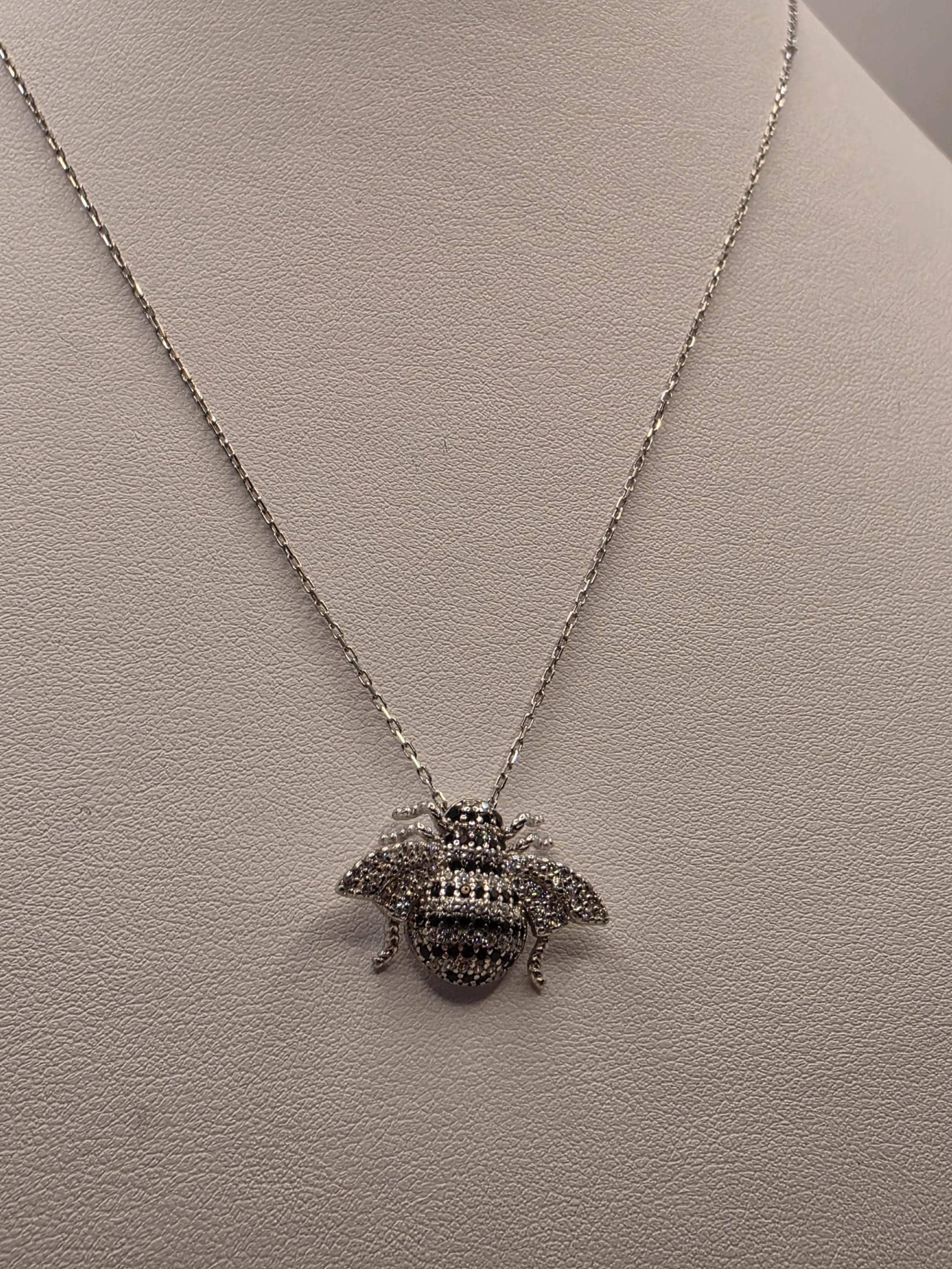 Sterling Silver Bumblebee Pendant Necklace | 925 Silver CZ | 17 Inch