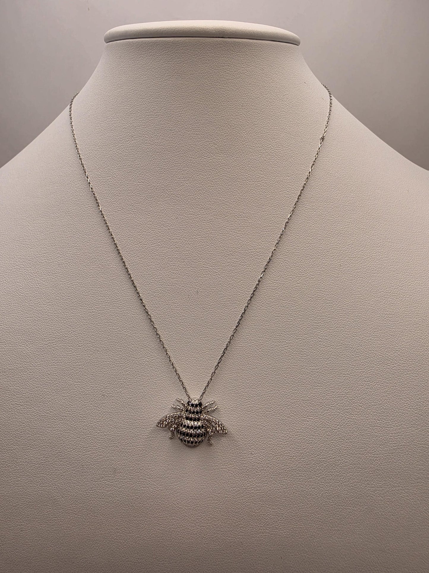 Sterling Silver Bumblebee Pendant Necklace | 925 Silver CZ | 17 Inch