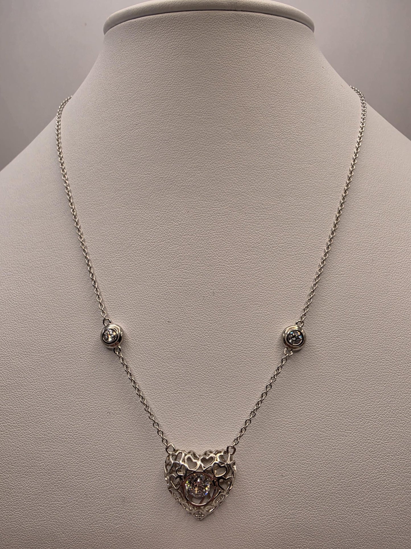 Sterling Silver Filigree Heart Pendant Necklace | 925 Silver CZ | 18 Inch