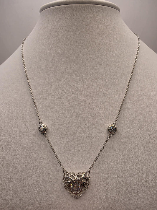 Sterling Silver Filigree Heart Pendant Necklace | 925 Silver CZ | 18 Inch