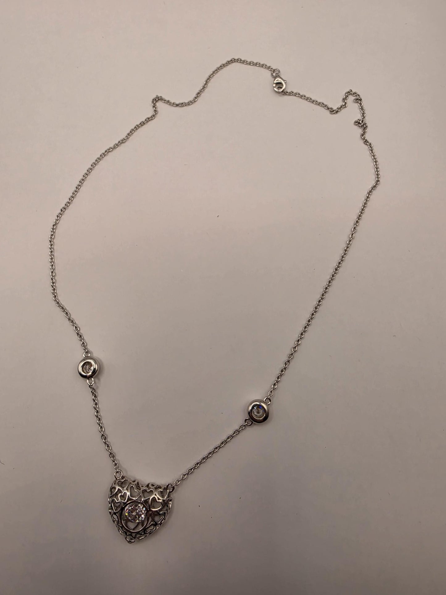 Sterling Silver Filigree Heart Pendant Necklace | 925 Silver CZ | 18 Inch