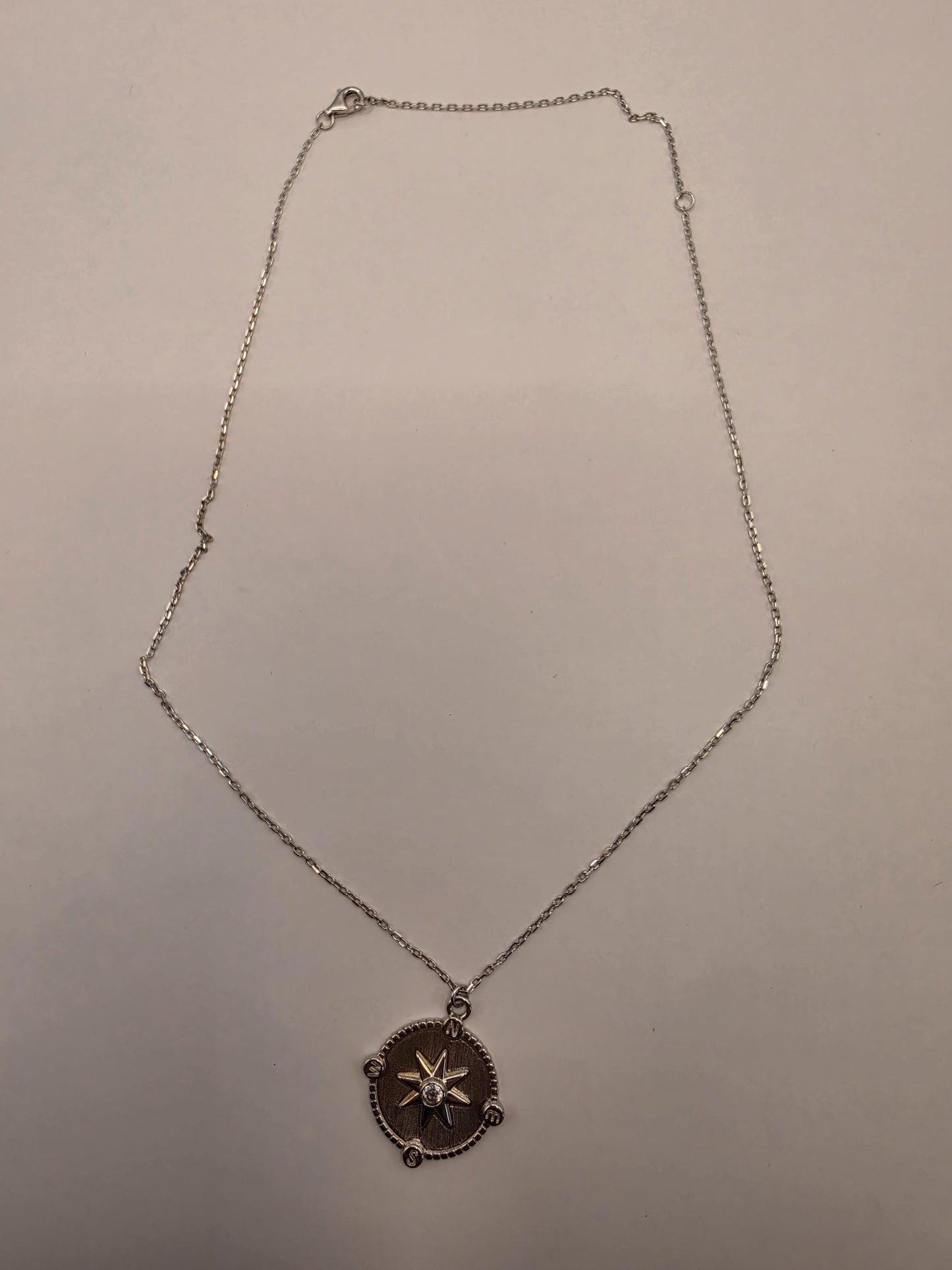 Sterling Silver Compass Star Pendant Necklace | 925 Silver | 17 Inch