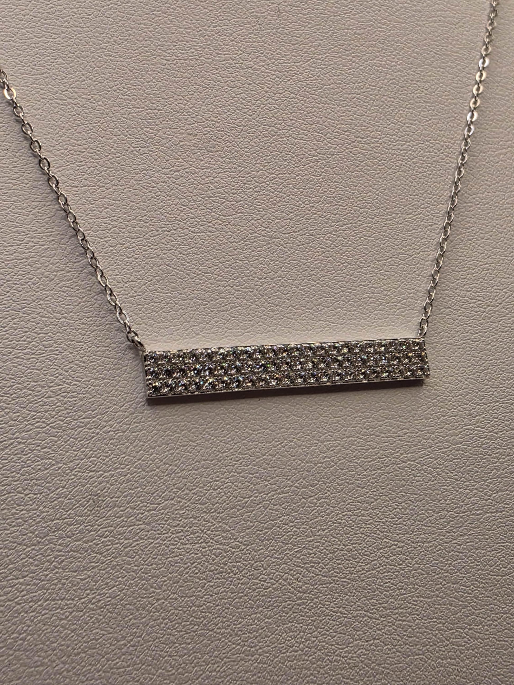 Sterling Silver CZ Bar Pendant Necklace | 925 Silver | 18 Inch