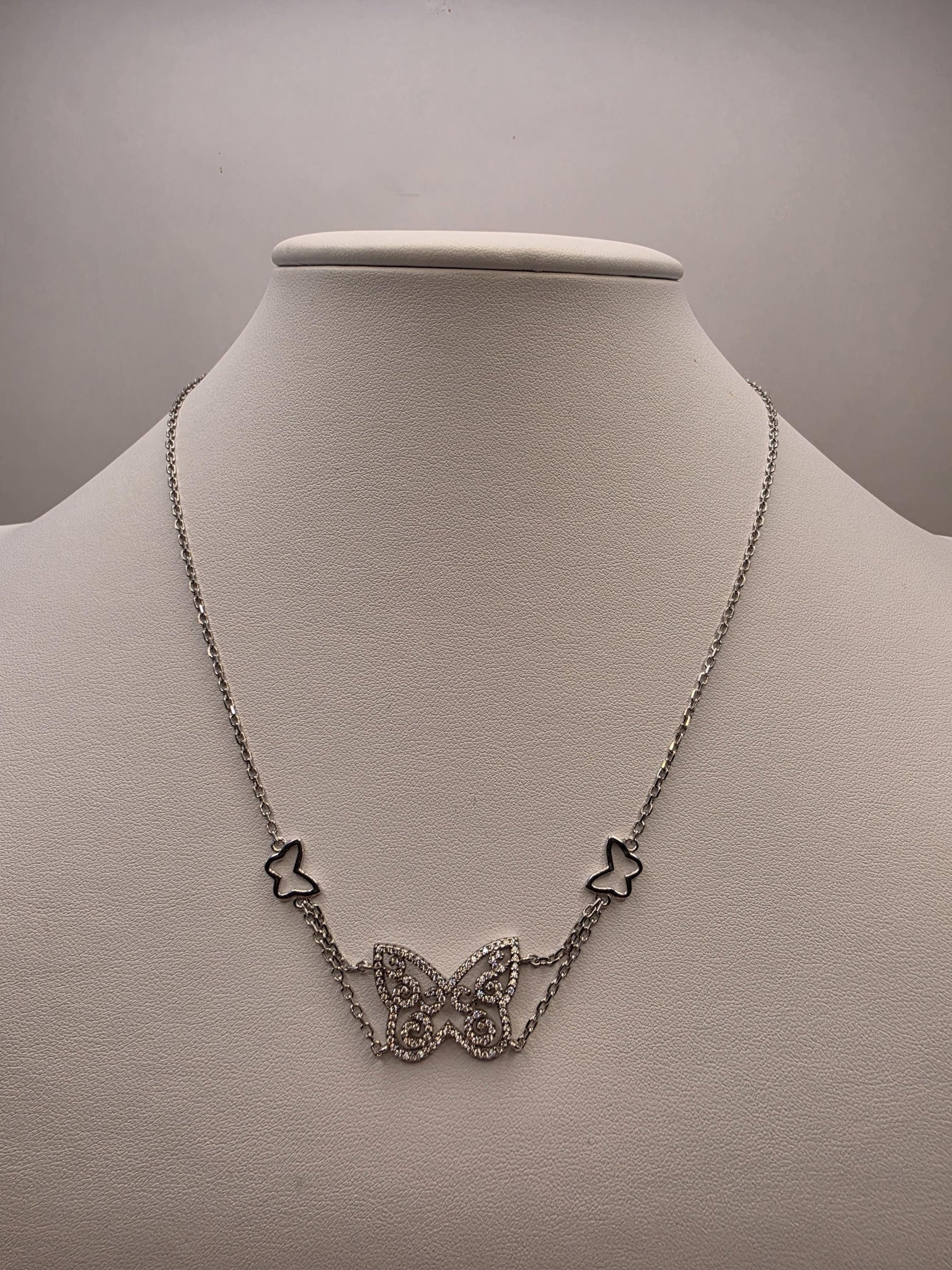 Sterling Silver Butterfly Pendant Necklace | 925 Silver CZ | 17 Inch