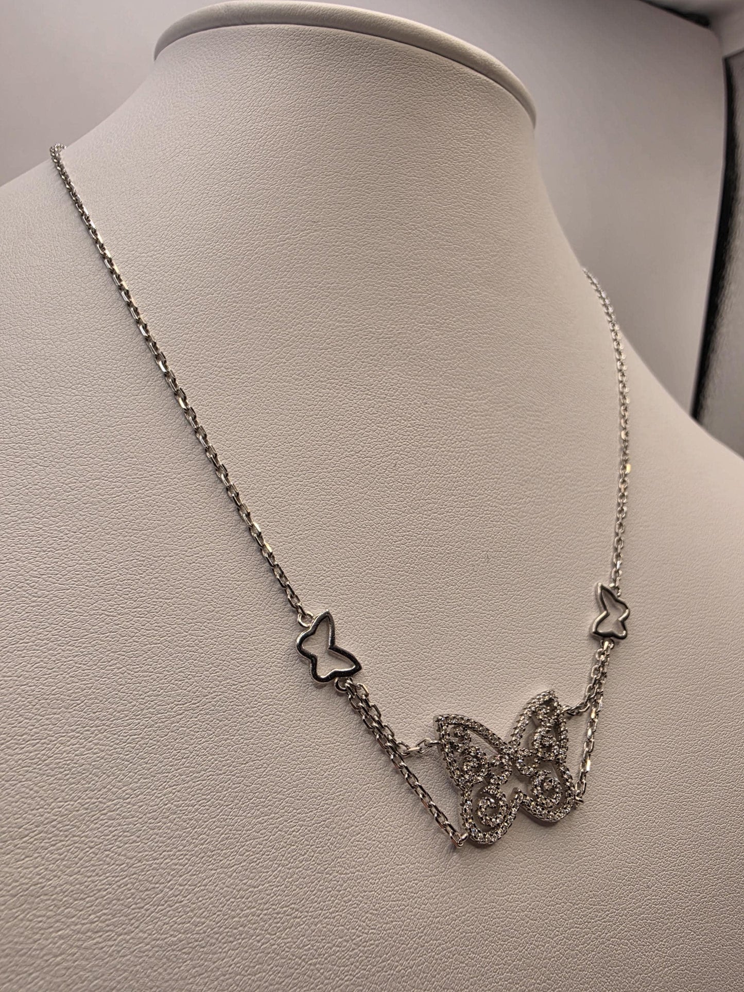 Sterling Silver Butterfly Pendant Necklace | 925 Silver CZ | 17 Inch