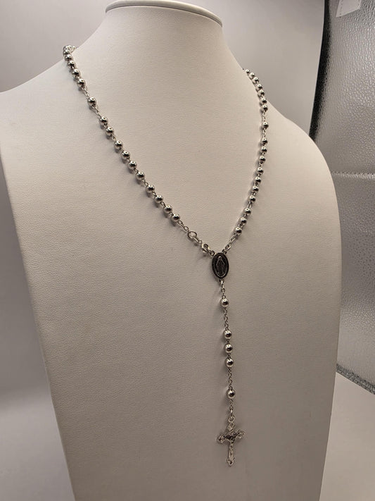 Sterling Silver Rosary Style Necklace | 925 Silver Bead Chain with Cross