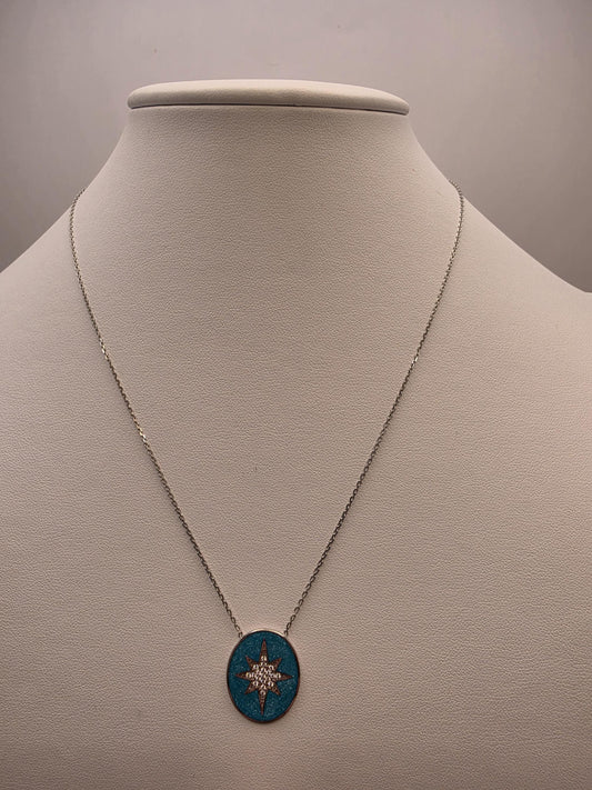 Sterling Silver Star Pendant Necklace | 925 Silver Blue Enamel | 17 Inch