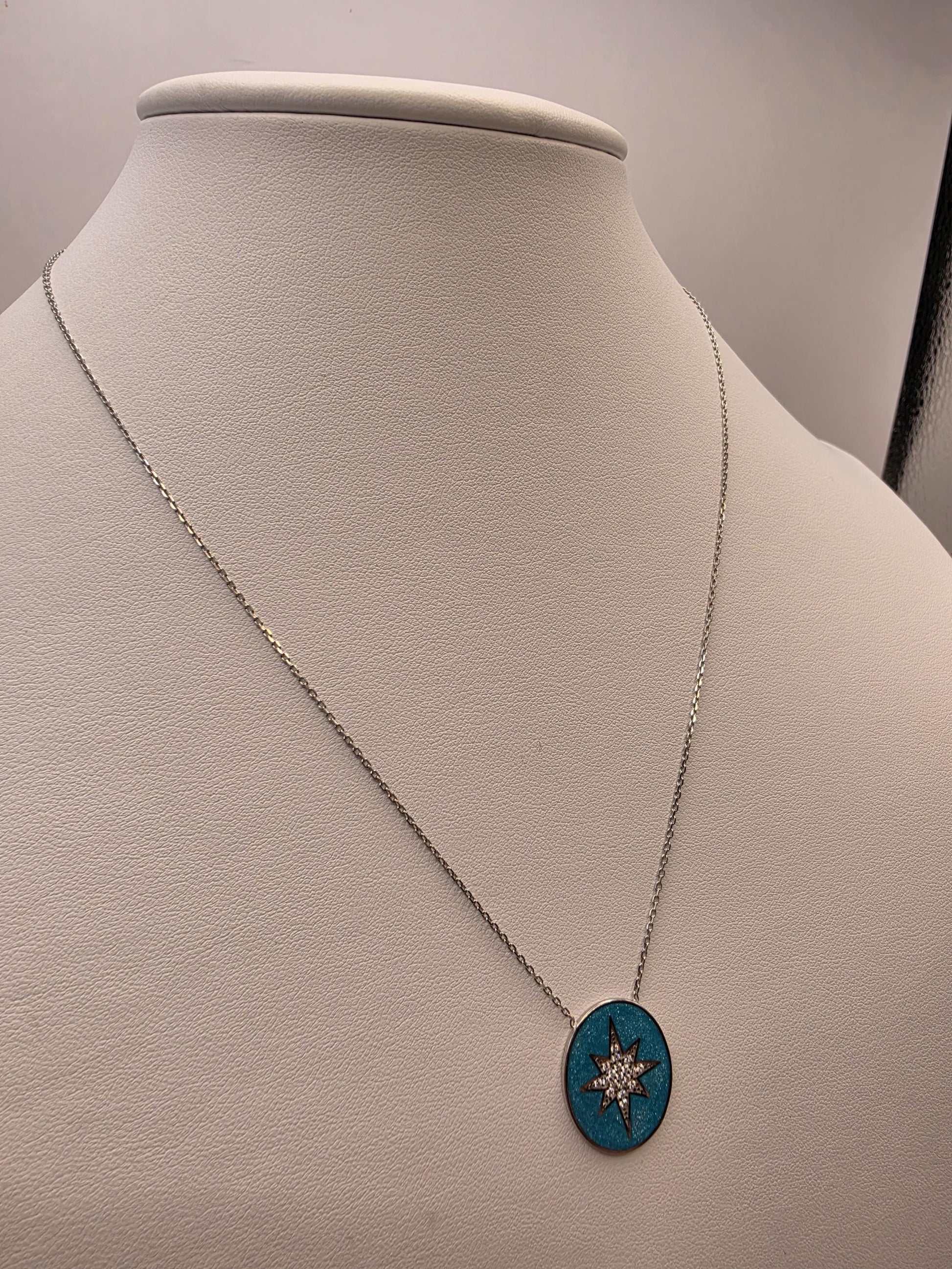 Sterling Silver Star Pendant Necklace | 925 Silver Blue Enamel | 17 Inch