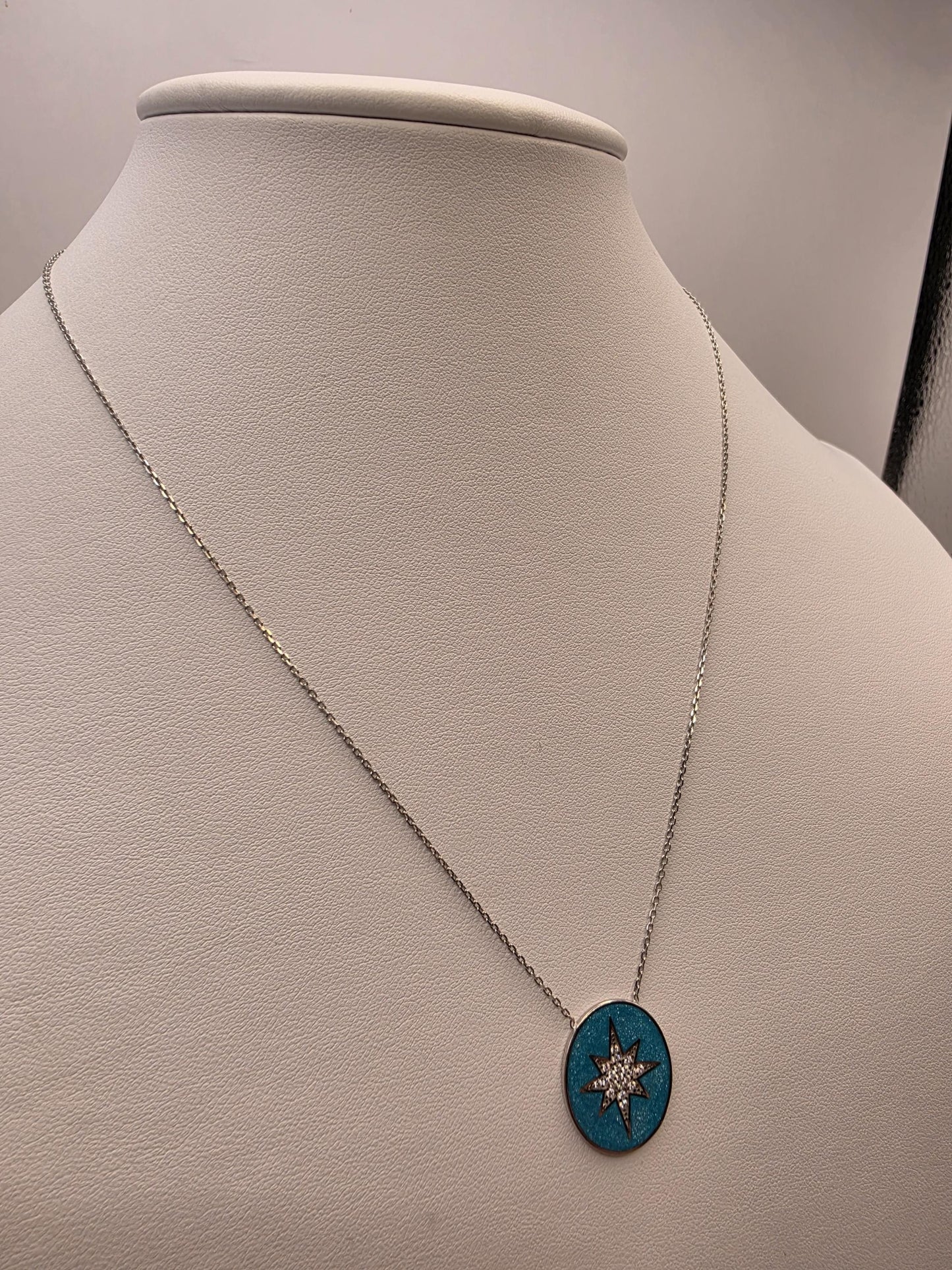 Sterling Silver Star Pendant Necklace | 925 Silver Blue Enamel | 17 Inch