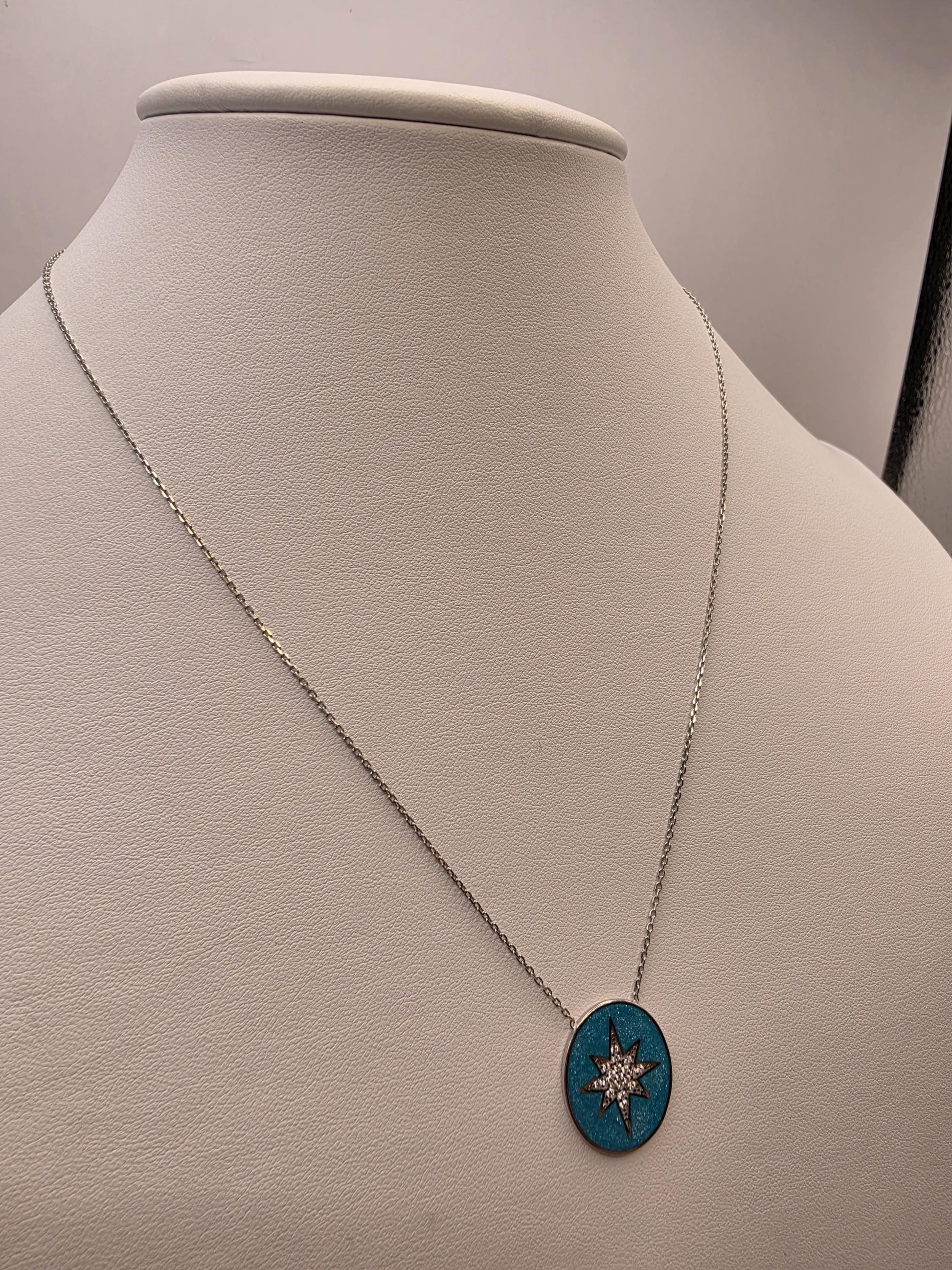 Sterling Silver Star Pendant Necklace | 925 Silver Blue Enamel | 17 Inch