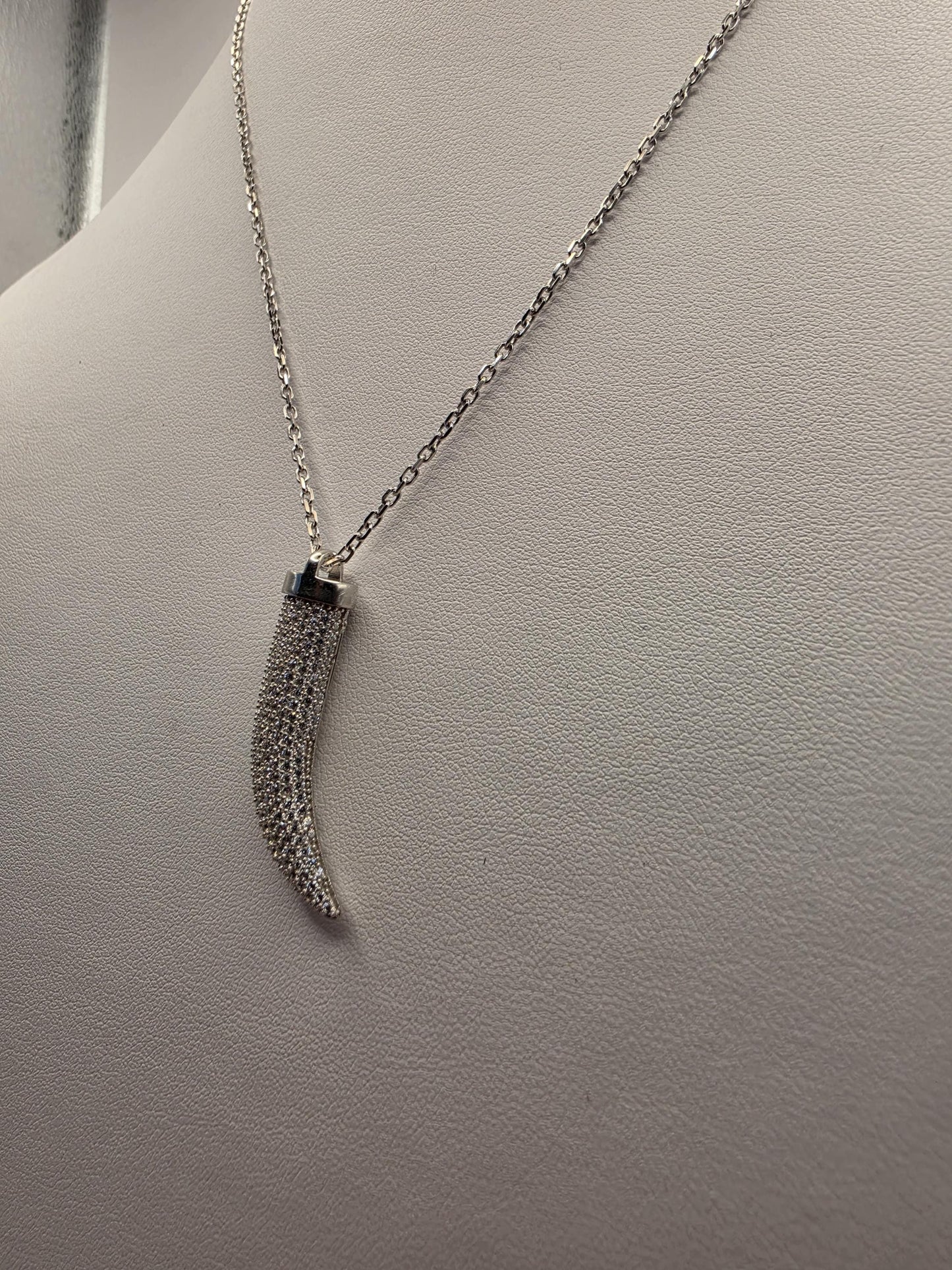 Sterling Silver CZ Pave Cornicello Italian Horn Pendant Necklace 17 Inch