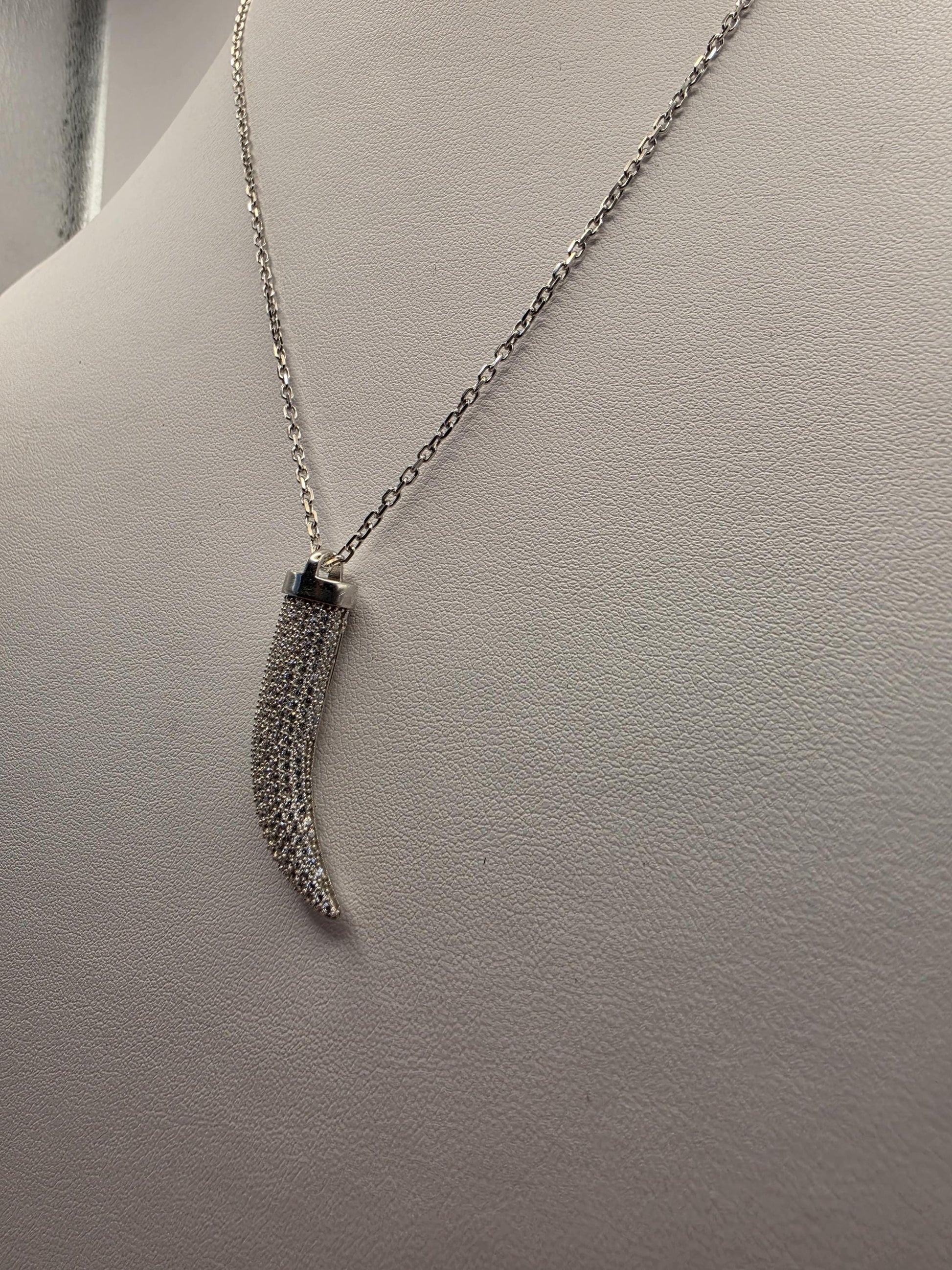 Sterling Silver CZ Pave Cornicello Italian Horn Pendant Necklace 17 Inch