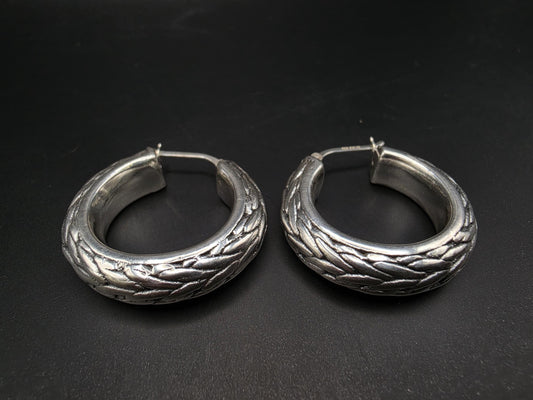 Sterling Silver Chunky Engraved Leaf Hoop Earrings 1 Inch