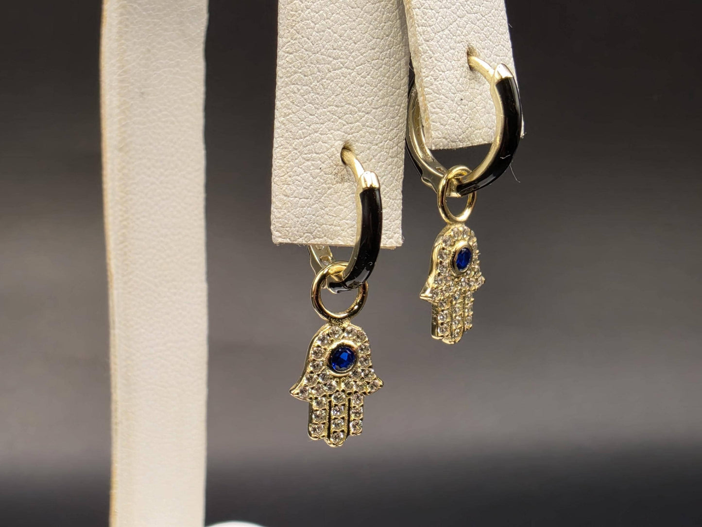 Gold Plated Sterling Silver Hamsa Hand Hoop Earrings with Blue CZ