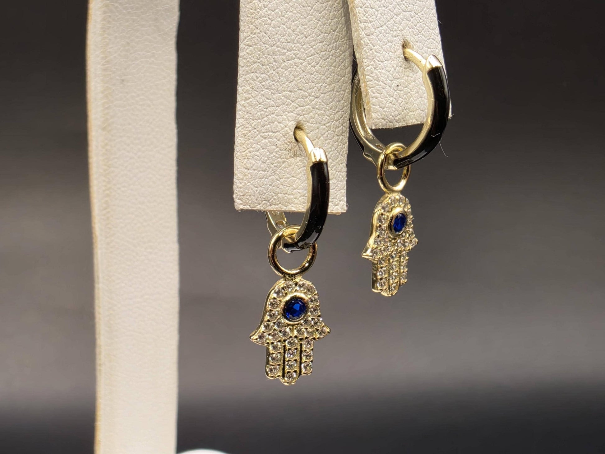 Gold Plated Sterling Silver Hamsa Hand Hoop Earrings with Blue CZ