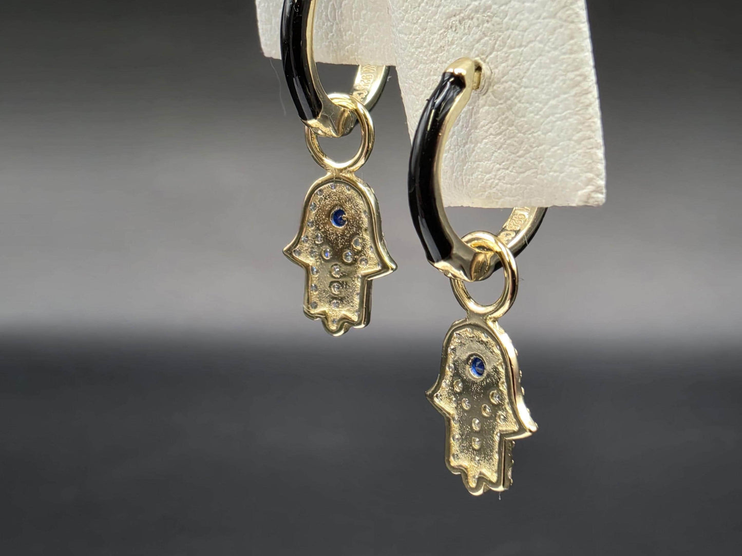Gold Plated Sterling Silver Hamsa Hand Hoop Earrings with Blue CZ