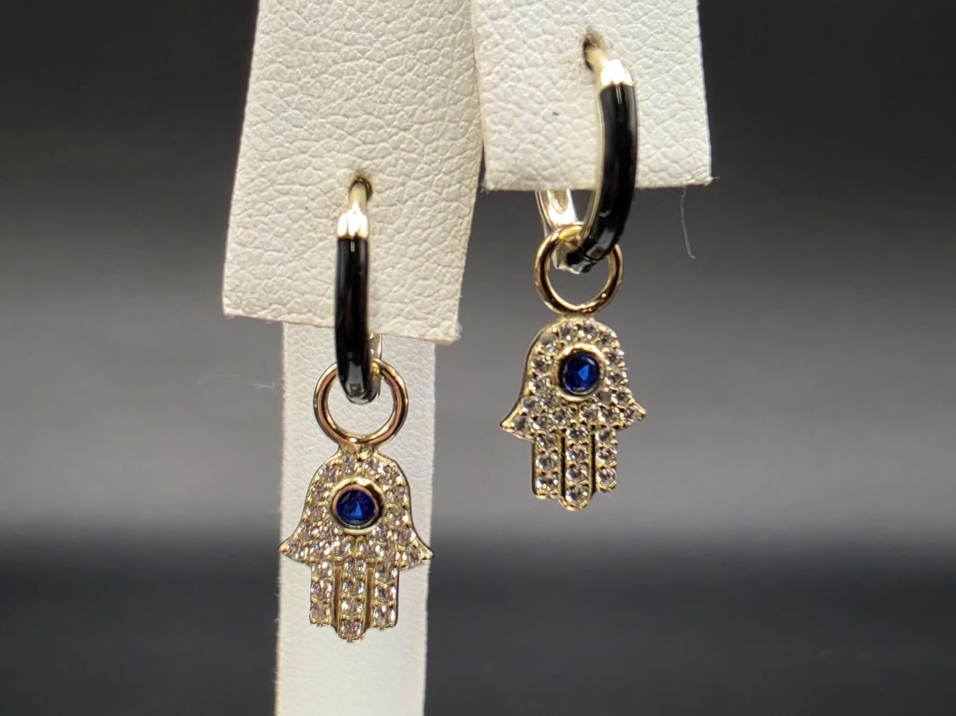 Gold Plated Sterling Silver Hamsa Hand Hoop Earrings with Blue CZ