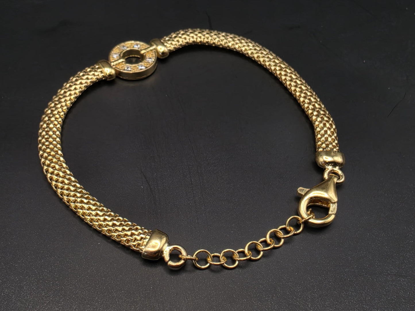 Gold Plated Sterling Silver Mesh Bracelet with CZ Circle Centerpiece 8 Inch