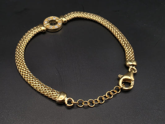 Gold Plated Sterling Silver Mesh Bracelet with CZ Circle Centerpiece 8 Inch