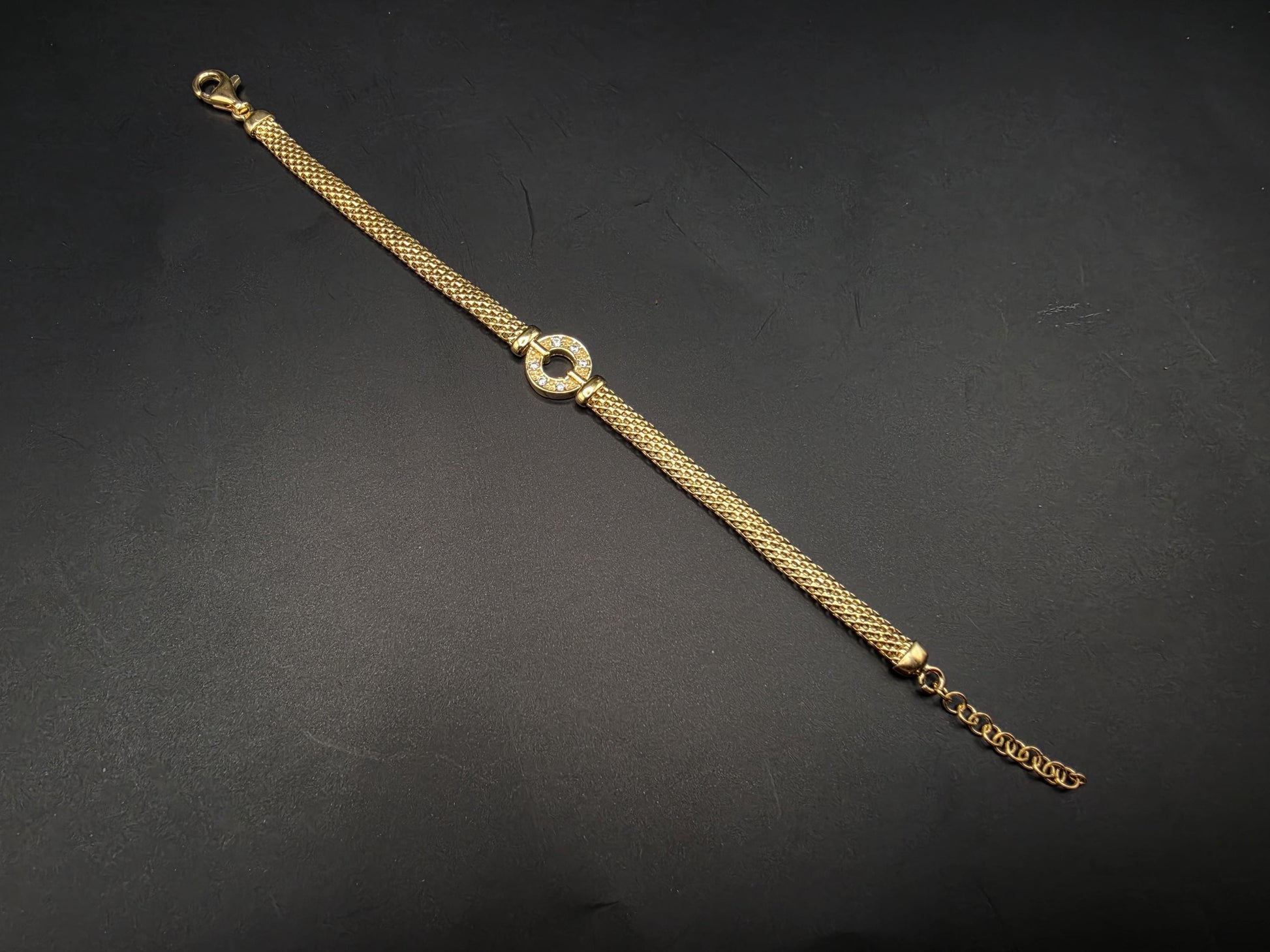 Gold Plated Sterling Silver Mesh Bracelet with CZ Circle Centerpiece 8 Inch