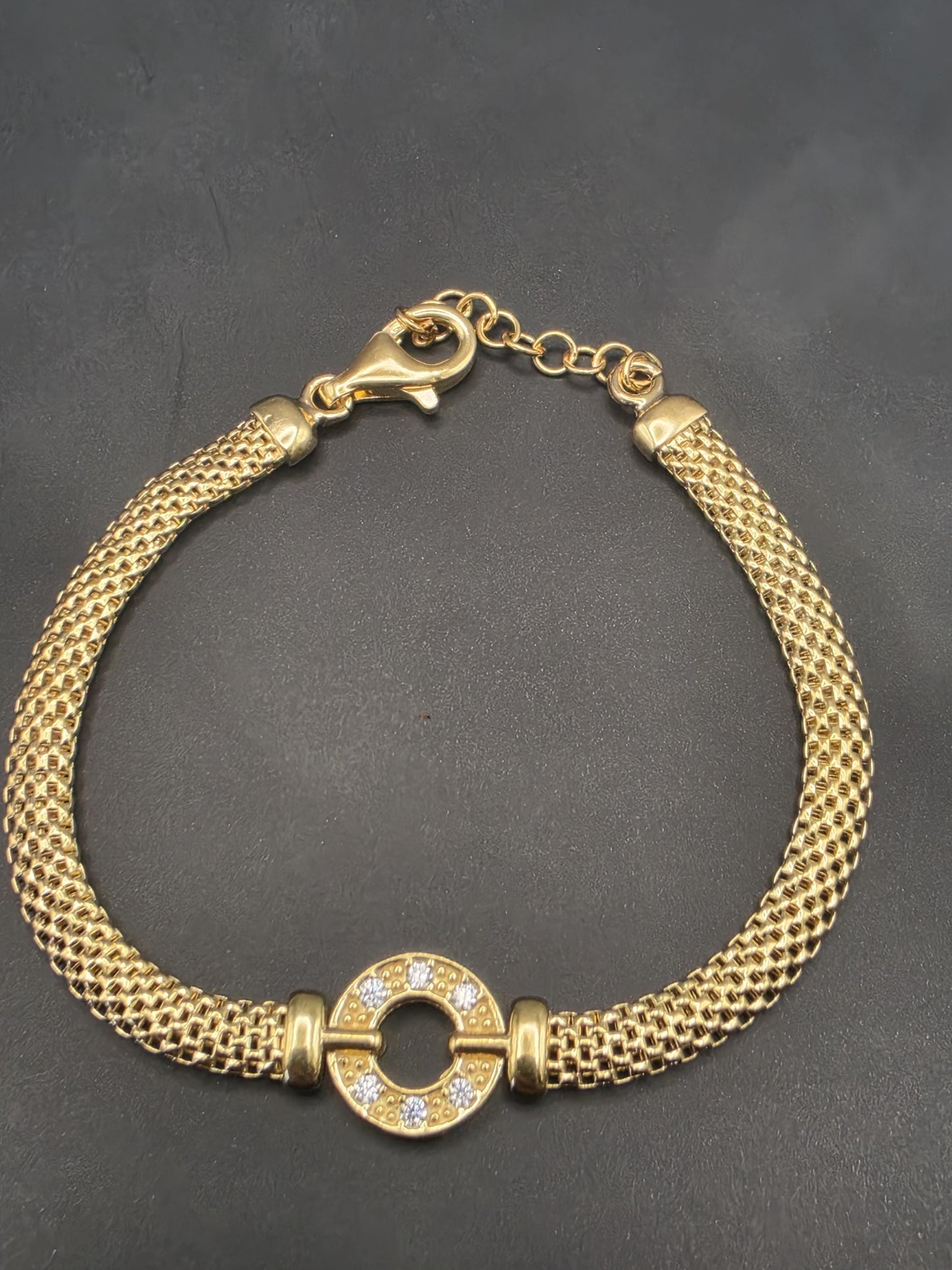 Gold Plated Sterling Silver Mesh Bracelet with CZ Circle Centerpiece 8 Inch
