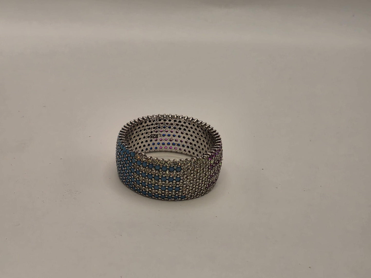 Sterling Silver Blue Pave CZ Wide Band Ring Size 9 Full Eternity Multi Row Iced Out 925 Women 5.2g