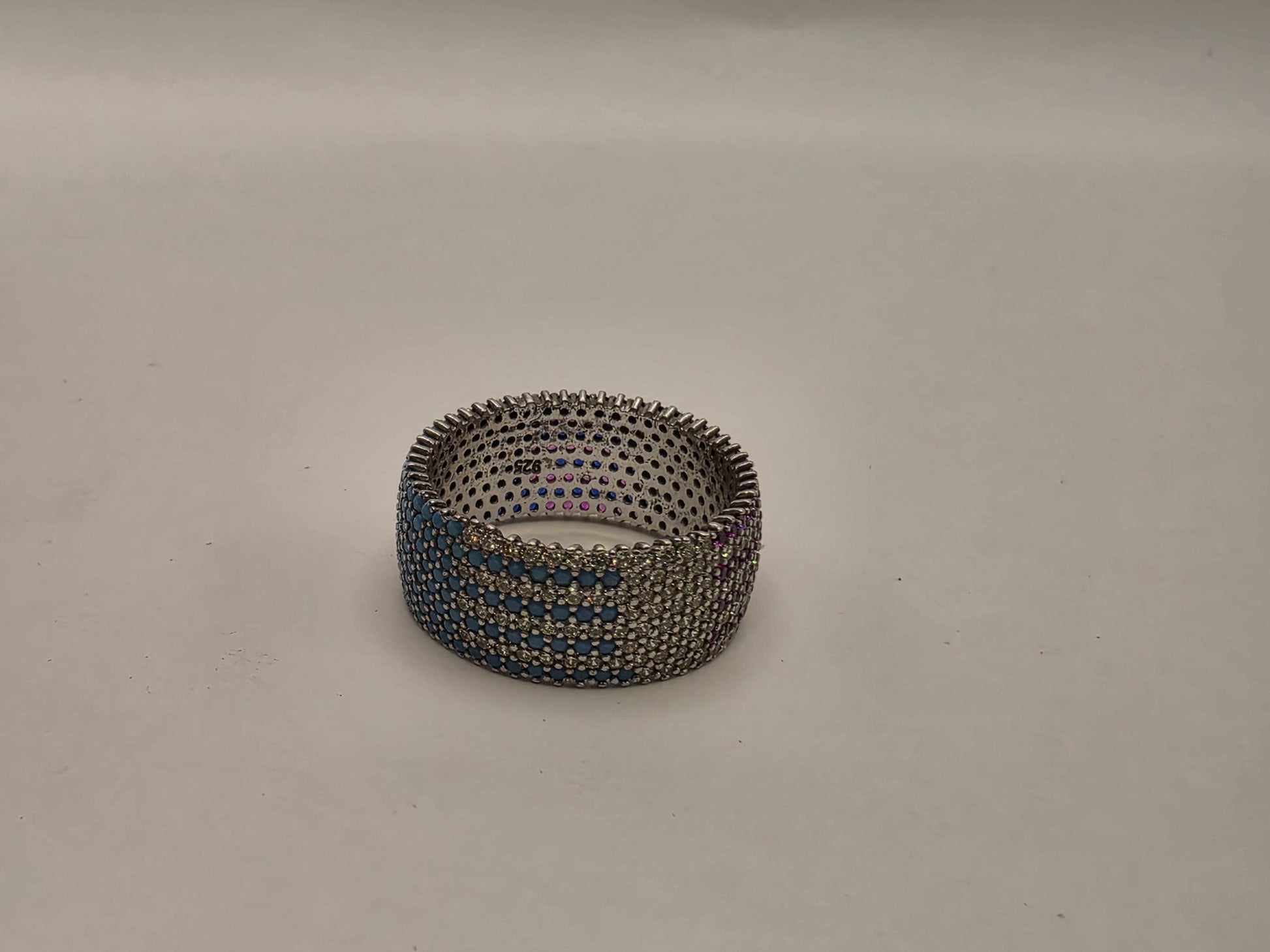 Sterling Silver Blue Pave CZ Wide Band Ring Size 9 Full Eternity Multi Row Iced Out 925 Women 5.2g