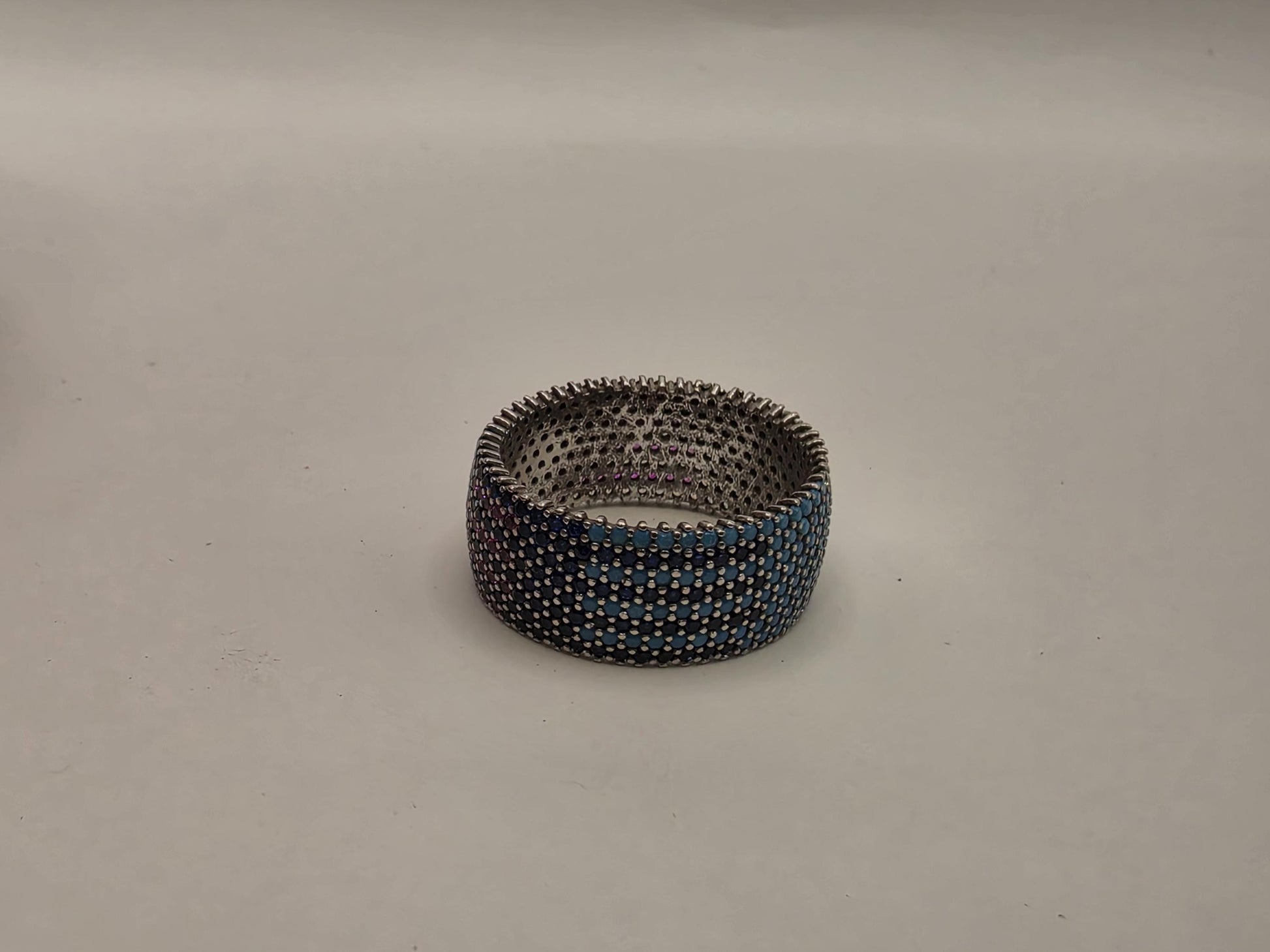 Sterling Silver Blue Pave CZ Wide Band Ring Size 9 Full Eternity Multi Row Iced Out 925 Women 5.2g