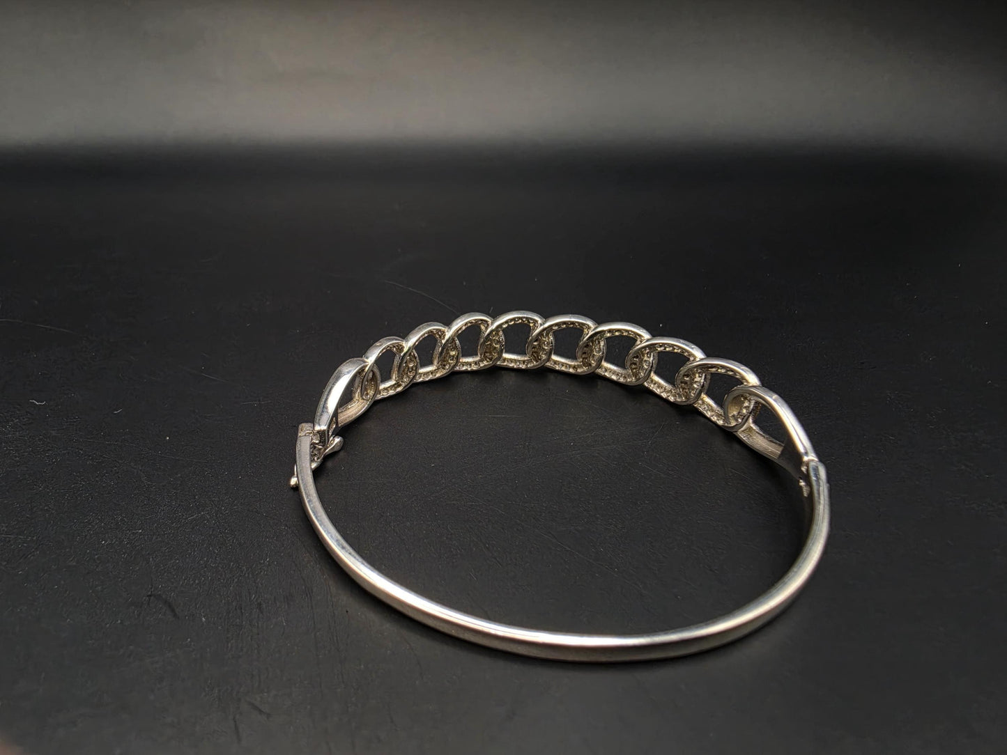 Sterling Silver Bangle Bracelet with Pave CZ Chain | 925 Silver Hinged Bangle 7 Inch