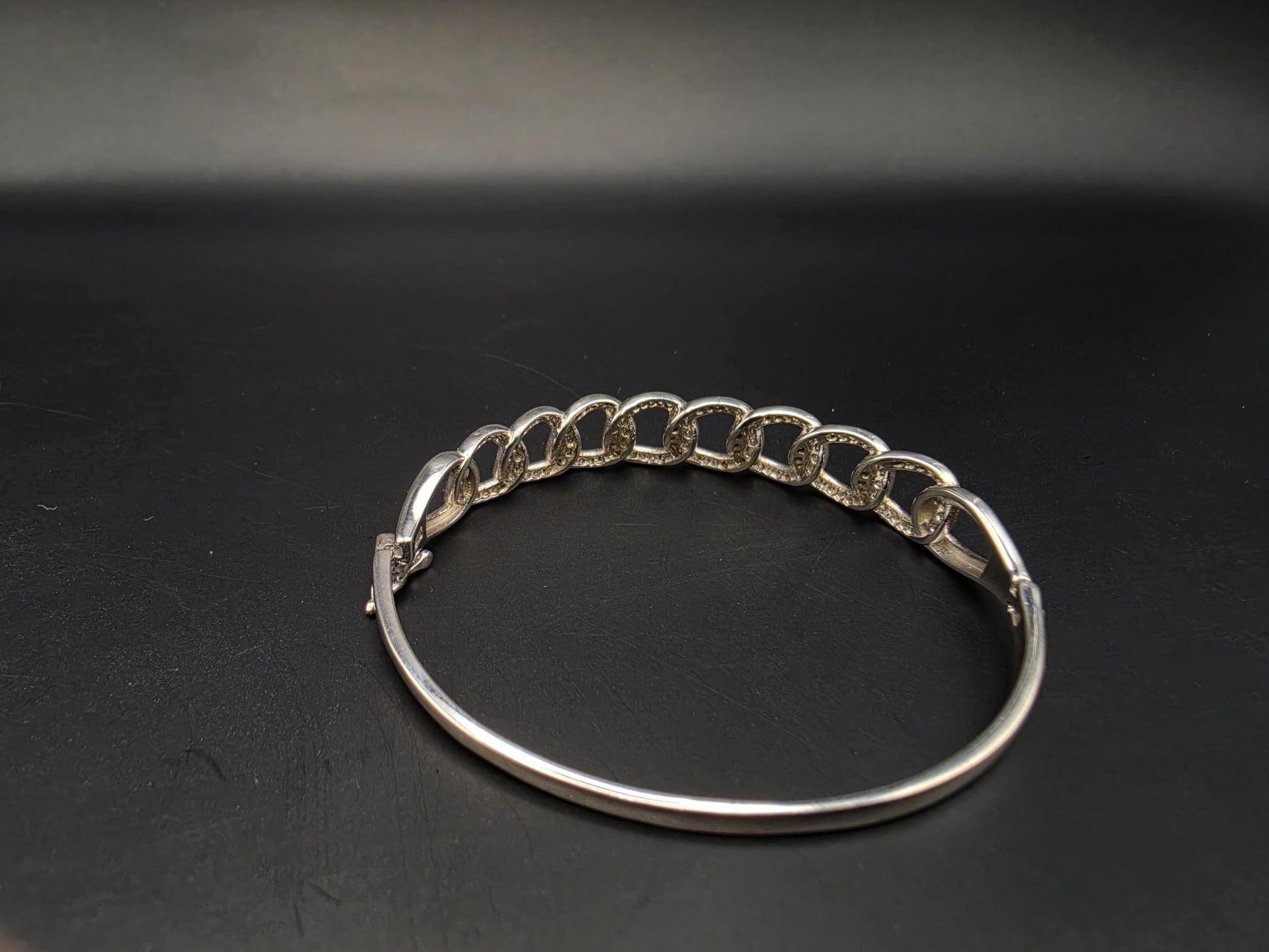 Sterling Silver Bangle Bracelet with Pave CZ Chain | 925 Silver Hinged Bangle 7 Inch
