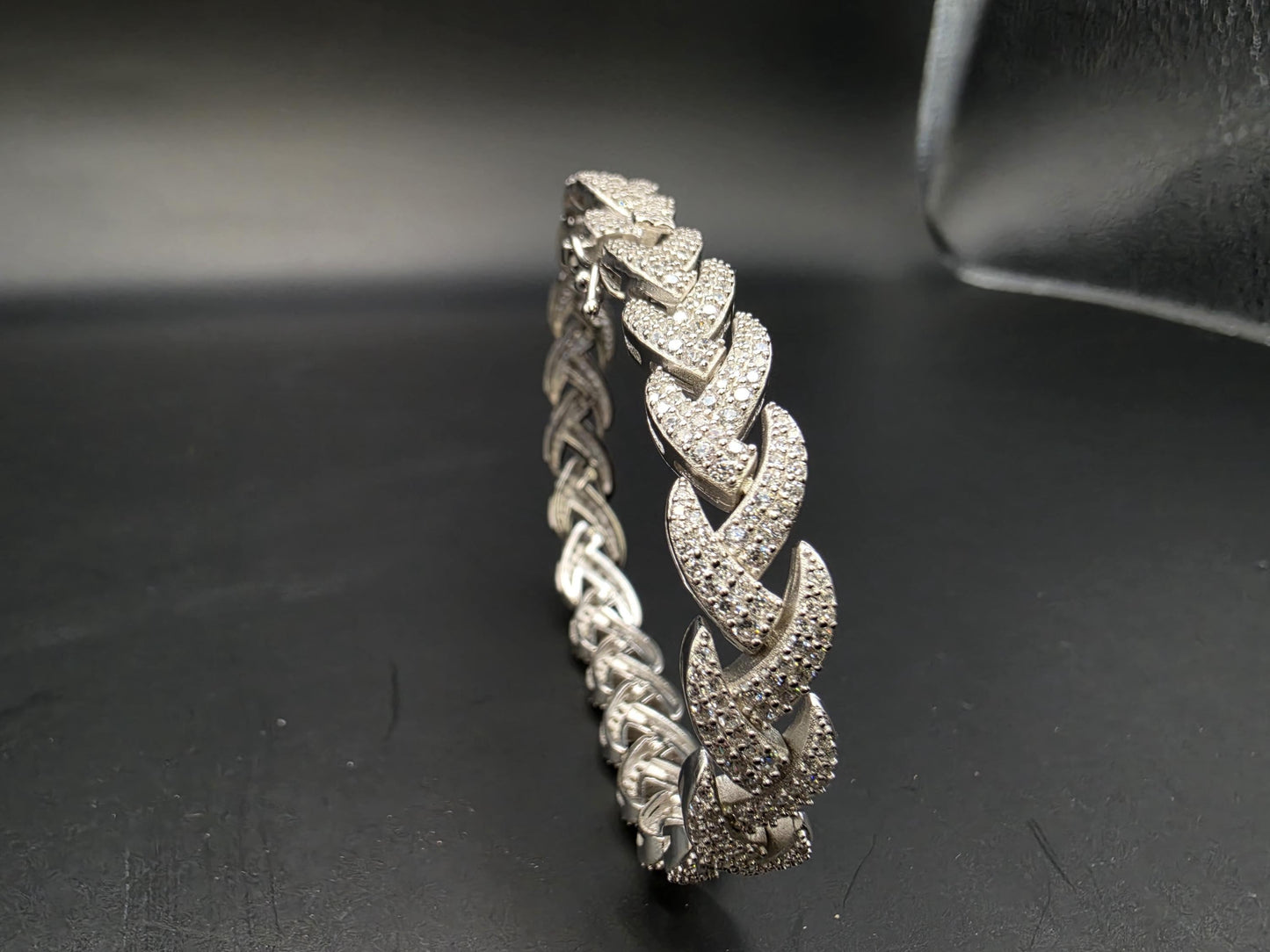 Sterling Silver Pave CZ Wheat Link Bracelet | 925 Silver Iced Out Bracelet 7 Inch