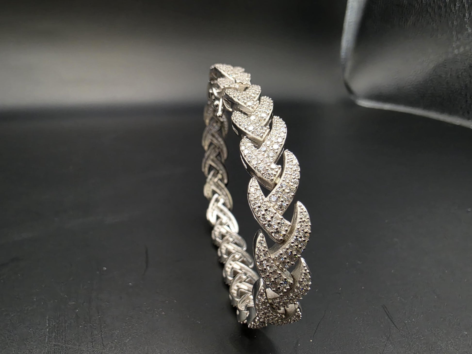 Sterling Silver Pave CZ Wheat Link Bracelet | 925 Silver Iced Out Bracelet 7 Inch