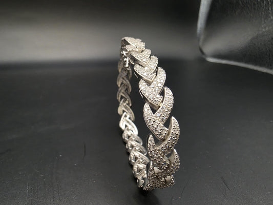 Sterling Silver Pave CZ Wheat Link Bracelet | 925 Silver Iced Out Bracelet 7 Inch