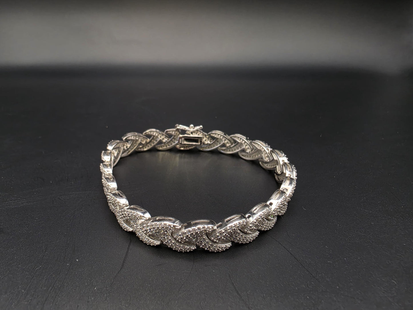 Sterling Silver Pave CZ Wheat Link Bracelet | 925 Silver Iced Out Bracelet 7 Inch