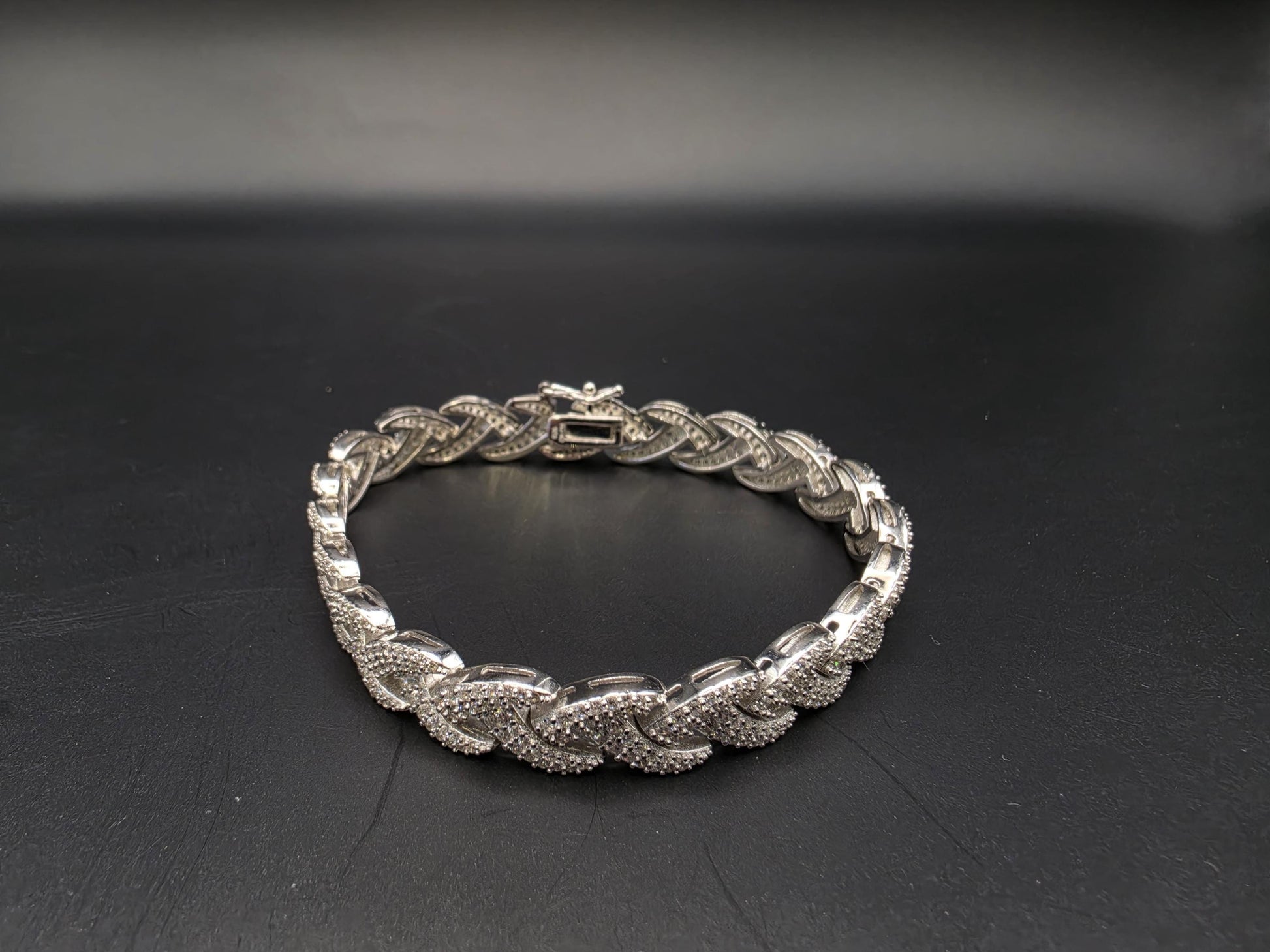 Sterling Silver Pave CZ Wheat Link Bracelet | 925 Silver Iced Out Bracelet 7 Inch