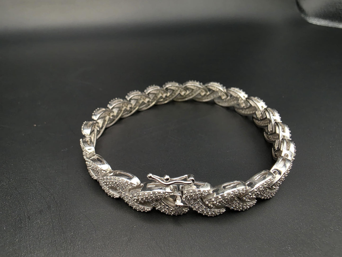Sterling Silver Pave CZ Wheat Link Bracelet | 925 Silver Iced Out Bracelet 7 Inch