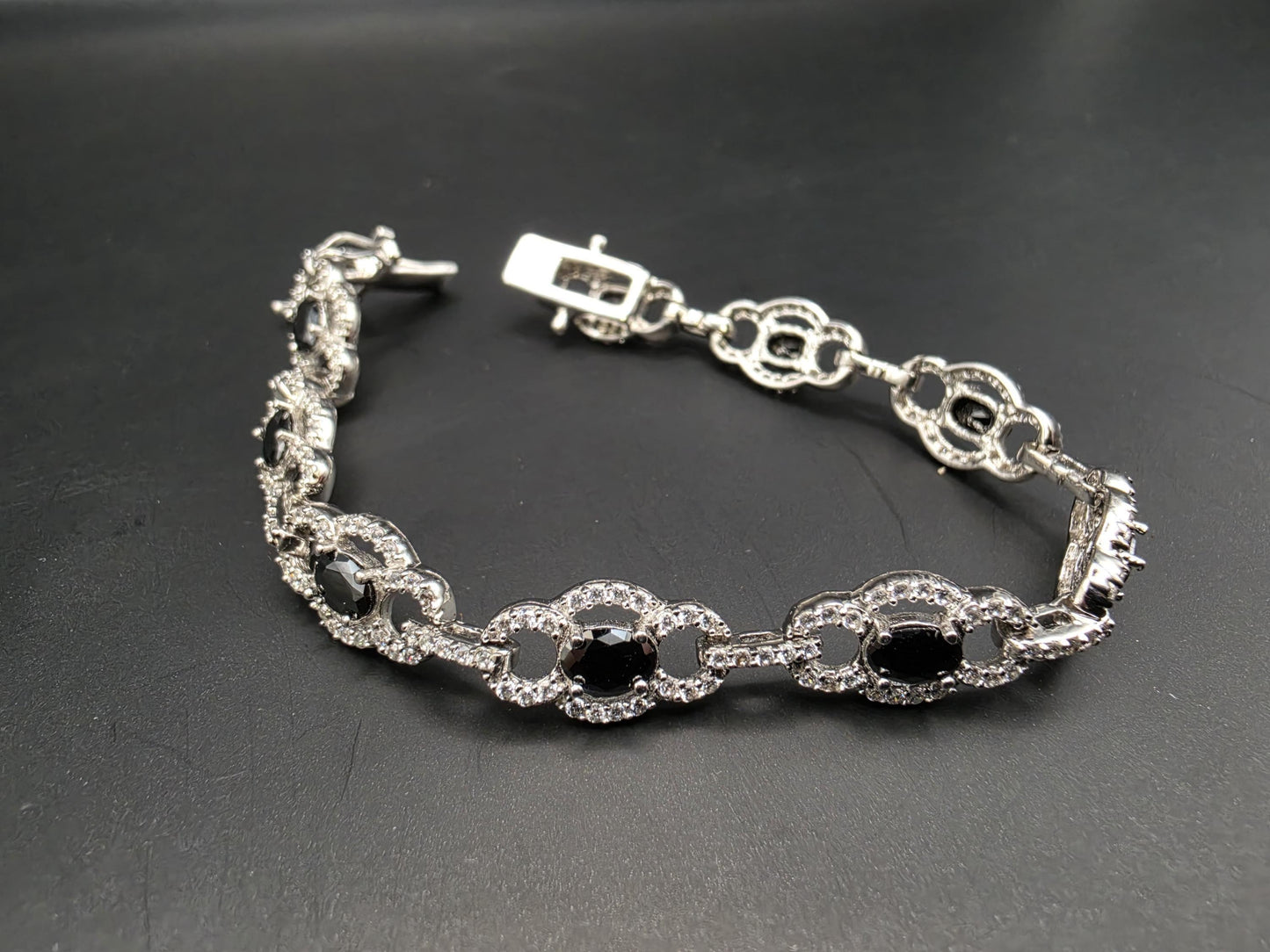 Sterling Silver Black CZ Oval Halo Tennis Bracelet | 925 Silver 7.5 Inch