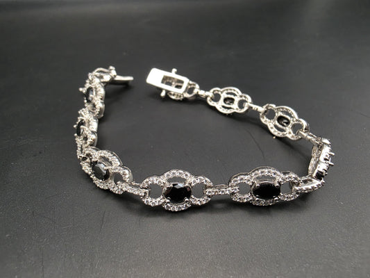 Sterling Silver Black CZ Oval Halo Tennis Bracelet | 925 Silver 7.5 Inch