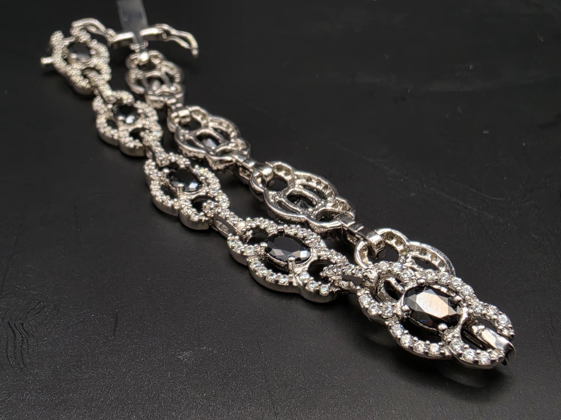 Sterling Silver Black CZ Oval Halo Tennis Bracelet | 925 Silver 7.5 Inch