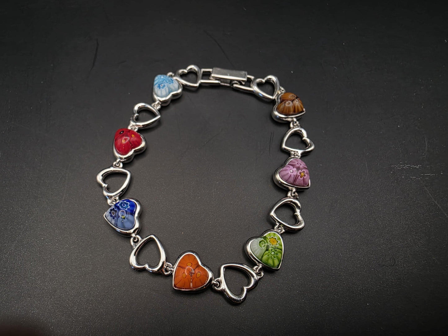 Sterling Silver Millefiori Heart Bead Bracelet | 925 Silver Multicolor Glass Heart Bracelet 7 Inch